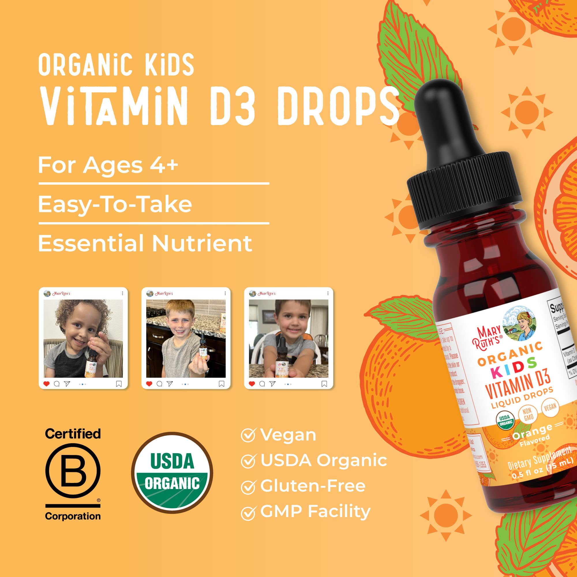 MaryRuth Organics USDA Organic Vitamin D3 Liquid Drops for Kids | 640 IU Vitamin D3 Per Serving | Kids Immune Support & Bone Health Supplement | Formulated for Ages 4-13 | 0.5oz | 30 Servings MARYRUTH'S uk supplements