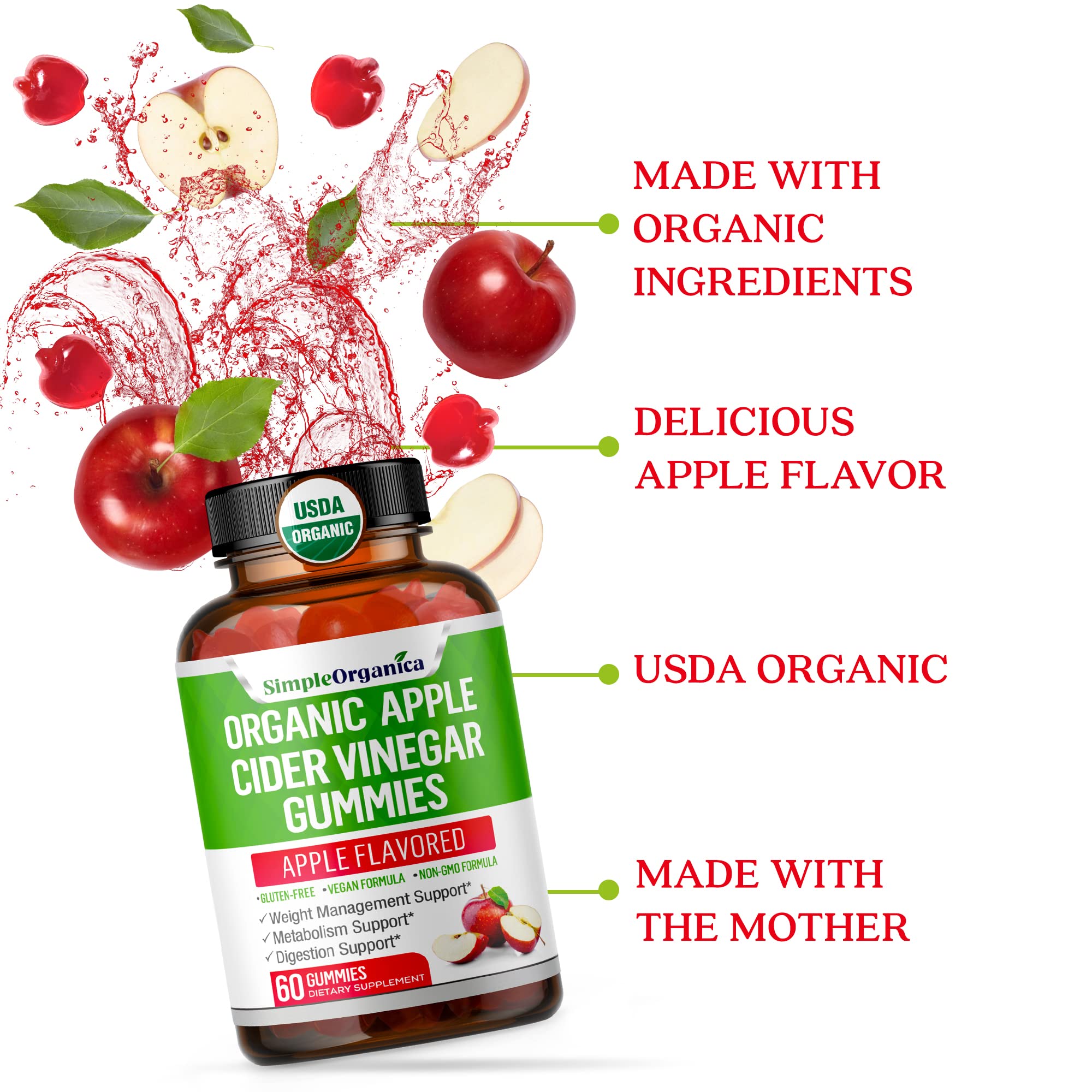 USDA Organic Apple Cider Vinegar Gummies with The Mother. AVC Keto Gummy Vitamins Simple Organica uk supplements