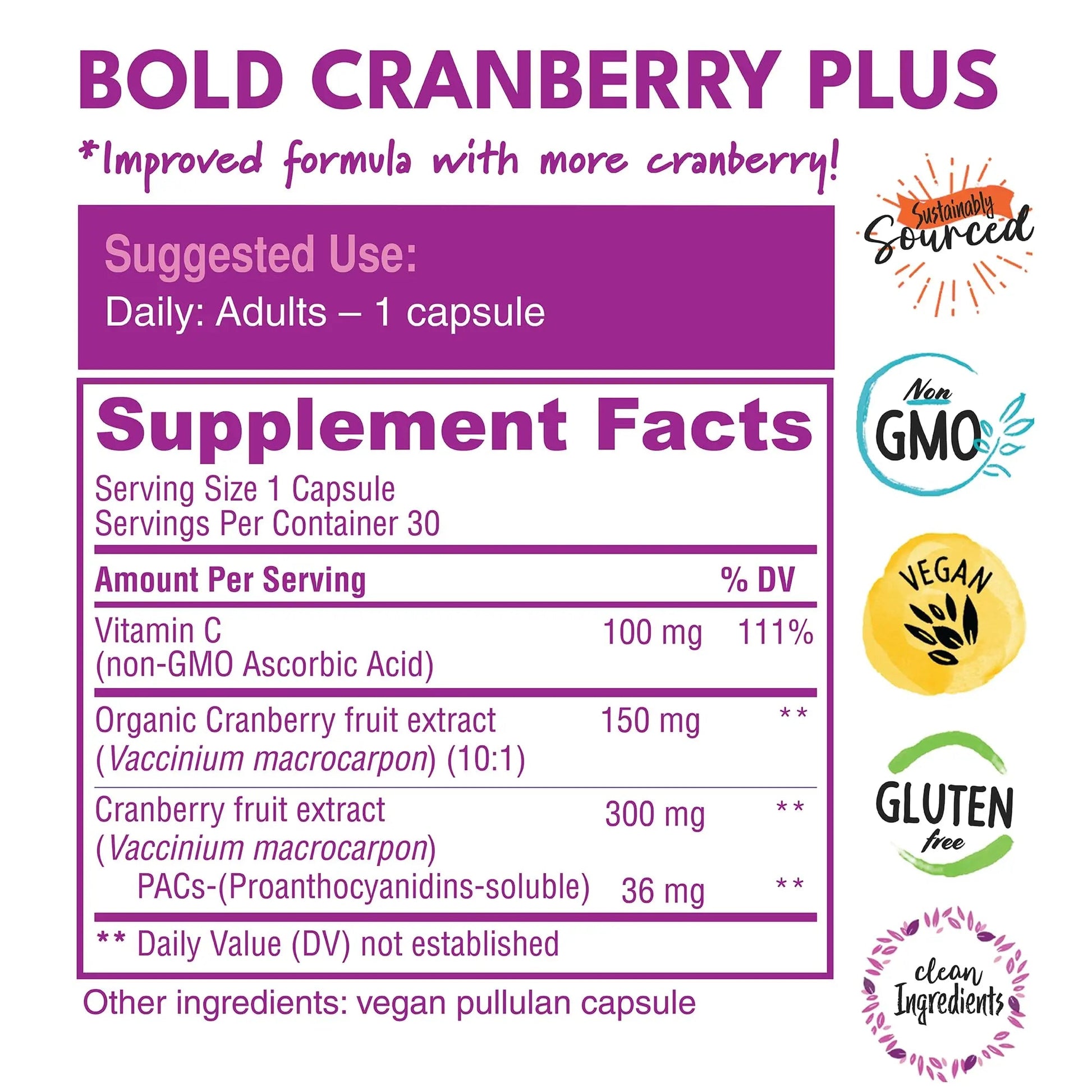 Bold Cranberry Plus Capsules - 100% Soluble 36mg PACs - Cranberry Pills for Women & Men with Urinary Tract Support, Non-GMO Vitamin C — 30 Vegan Capsules, 1 Month Supply Bold Botanica uk supplements