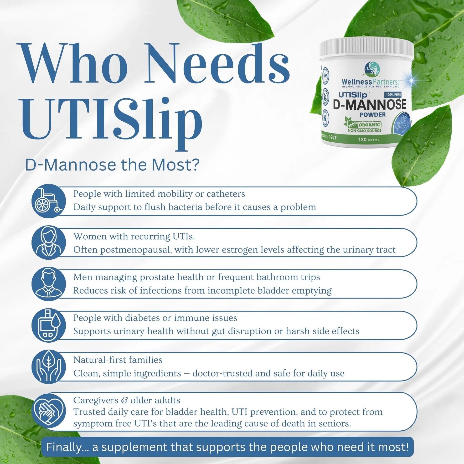 Now New UTI-Slip D Mannose Non GMO Organic Source Powder 130g jar. WellnessPartners uk supplements