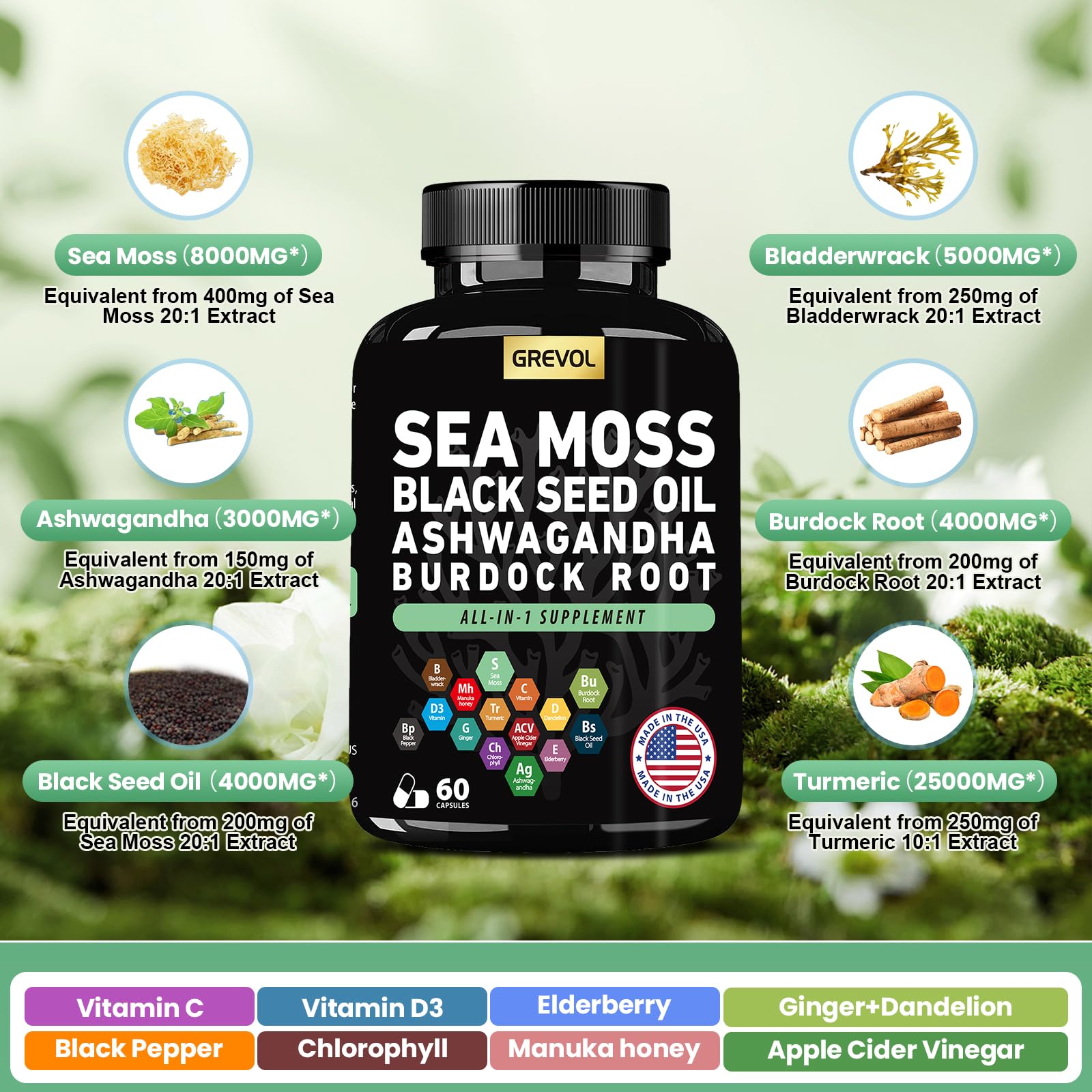 Sea Moss Black Seed Oil Ashwagandha Bladderwrack Burdock Root Turmeric & Vitamin C D3 Elderberry ACV Black Pepper - Multimineral Supplement - 60 Count Grevol uk supplements