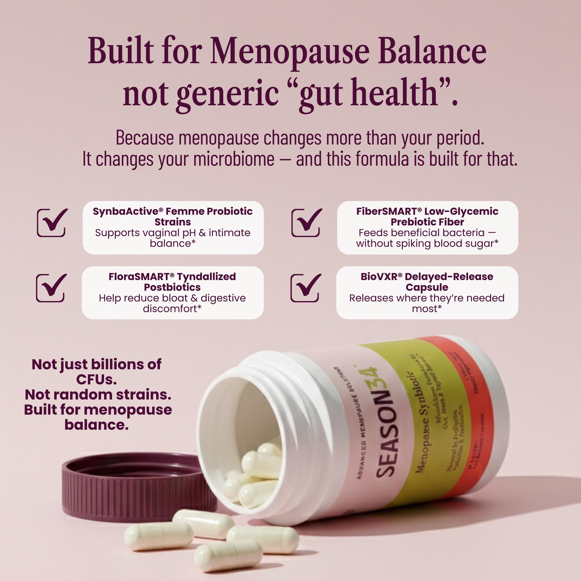 SEASON34 3-in-1 Menopause Probiotic for Women 40+ | Vaginal Care, pH, Odor & Intimate Comfort + Skin, Gut & Bloat Support | with Prebiotic Fiber & Postbiotics | 30 Capsules, 1 Month Supply SEASON34 uk supplements