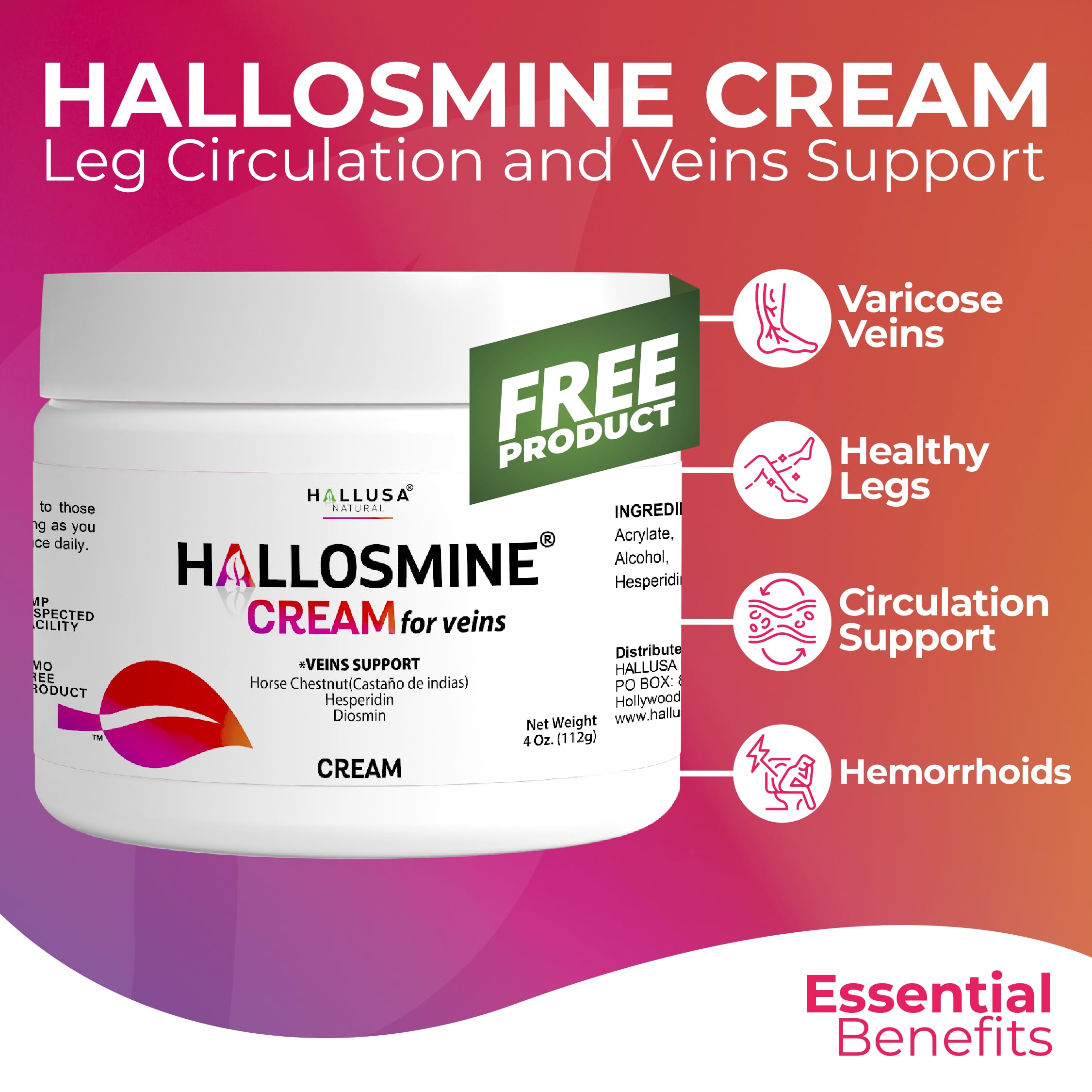 Hallosmine Ultra 650mg Diosmin Hesperidin, 60 Capsules + FREE Leg Cream with Diosmin, Hesperidin & Horse Chestnut, 4 oz | Blood Circulation & Vein Support Supplement, GMO Free, Gluten Free Hallusa Natural uk supplements