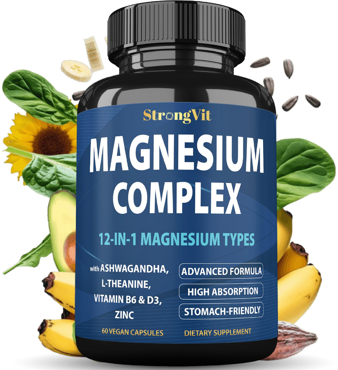 1000mg Magnesium Complex for Women and Men, 12 in 1 Magnesium Supplement with Ashwagandha, Zinc, D3, L-theanine. Easy to Swallow, High Absorption, Sleep Support & Stress Relief (60 Capsules) StrongVit uk supplements