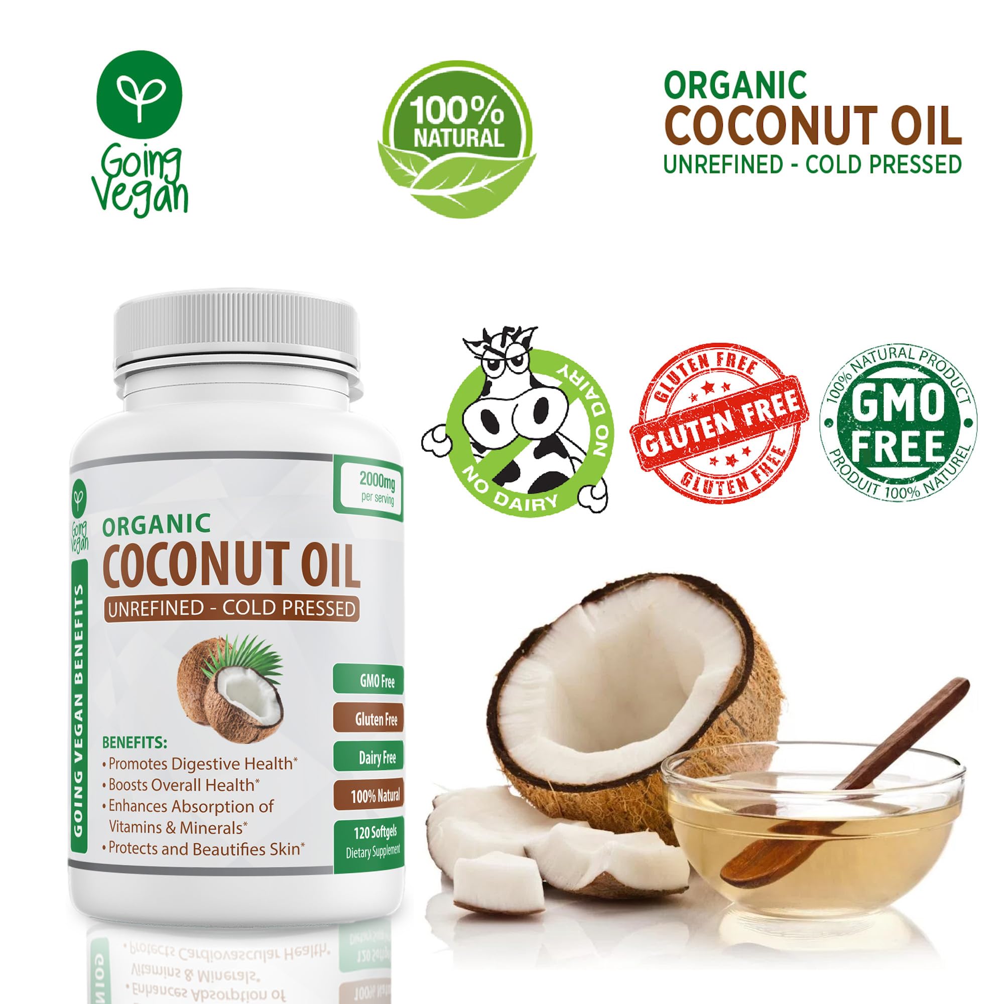 Organic Coconut Oil Capsules 2000mg - 100% Extra Virgin, Cold Pressed for Healthy Skin Going Vegan uk supplements