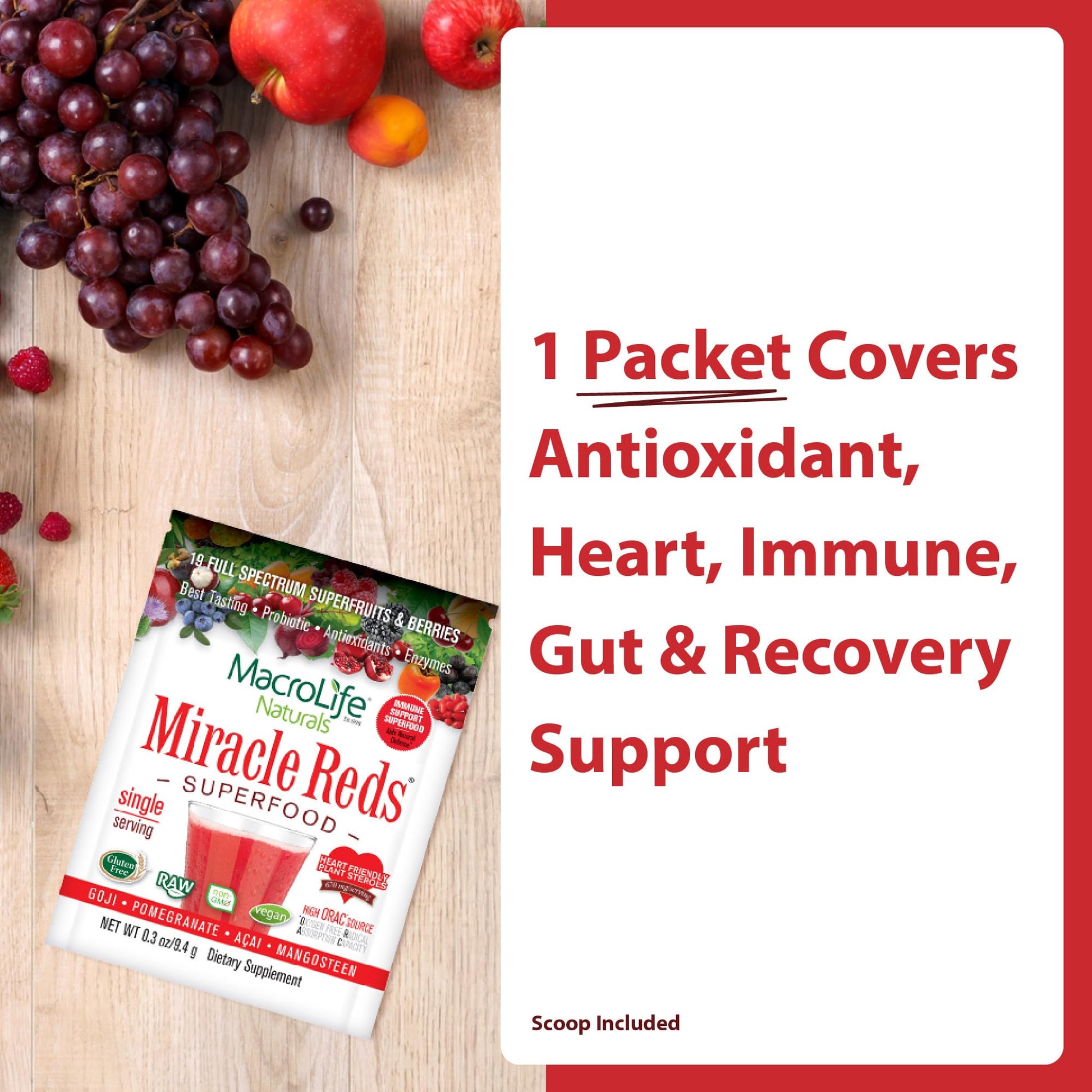 MacroLife Naturals Miracle Reds Superfood Powder 19 Blended Fruit & Berry Polyphenols Enzymes Probiotics & Antioxidants Supplement - Raw Non-GMO & Vegan Whole Food Vitamins - 12 Packet Servings MacroLife Naturals uk supplements