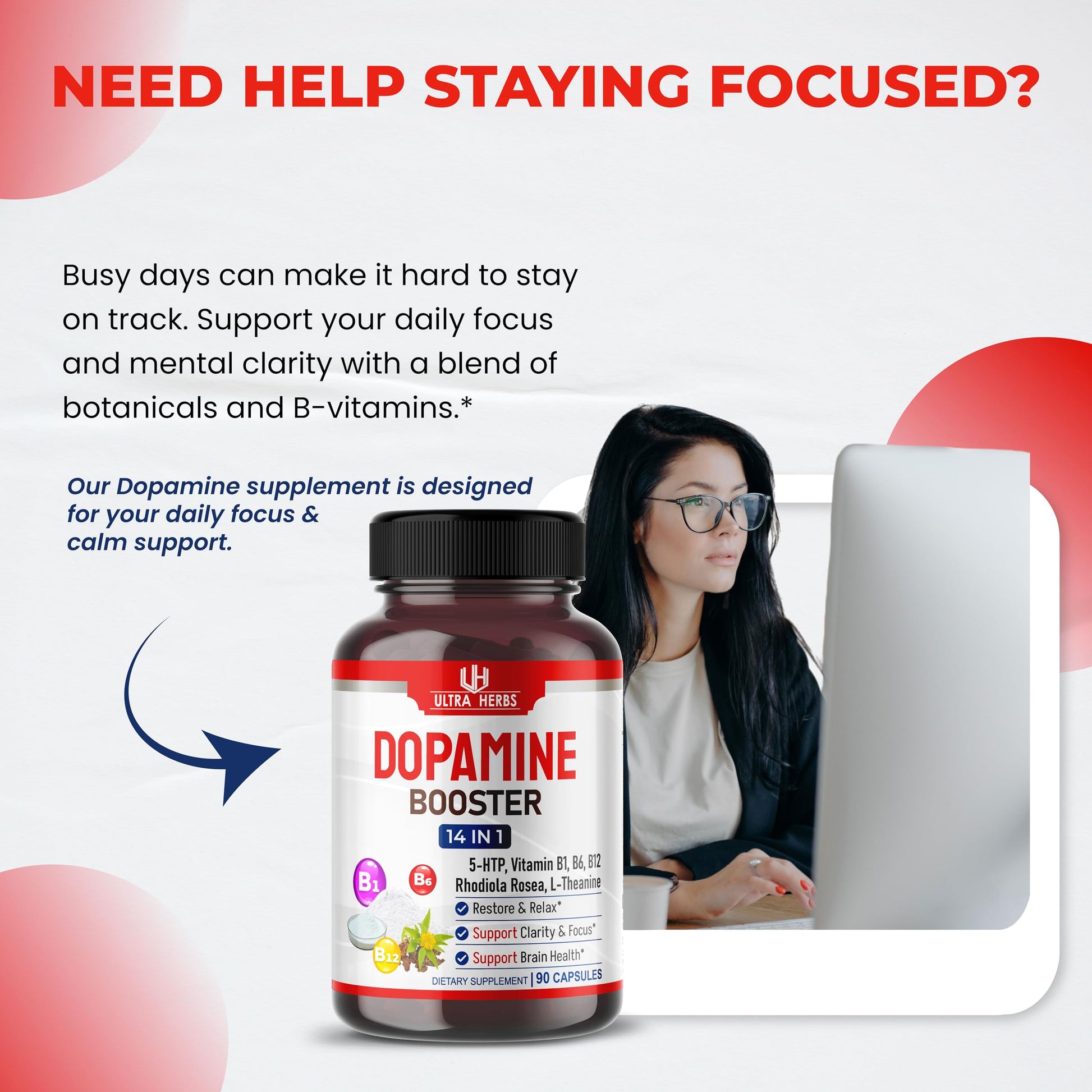 Dopamine Focus Supplement Ashwagandha 5-HTP Rhodiola Rosea St. John's Wort - Increase Memory Clarity Focus Restore Relax with VIT B1, B6, B12, L-Theanine ULTRA HERBS uk supplements