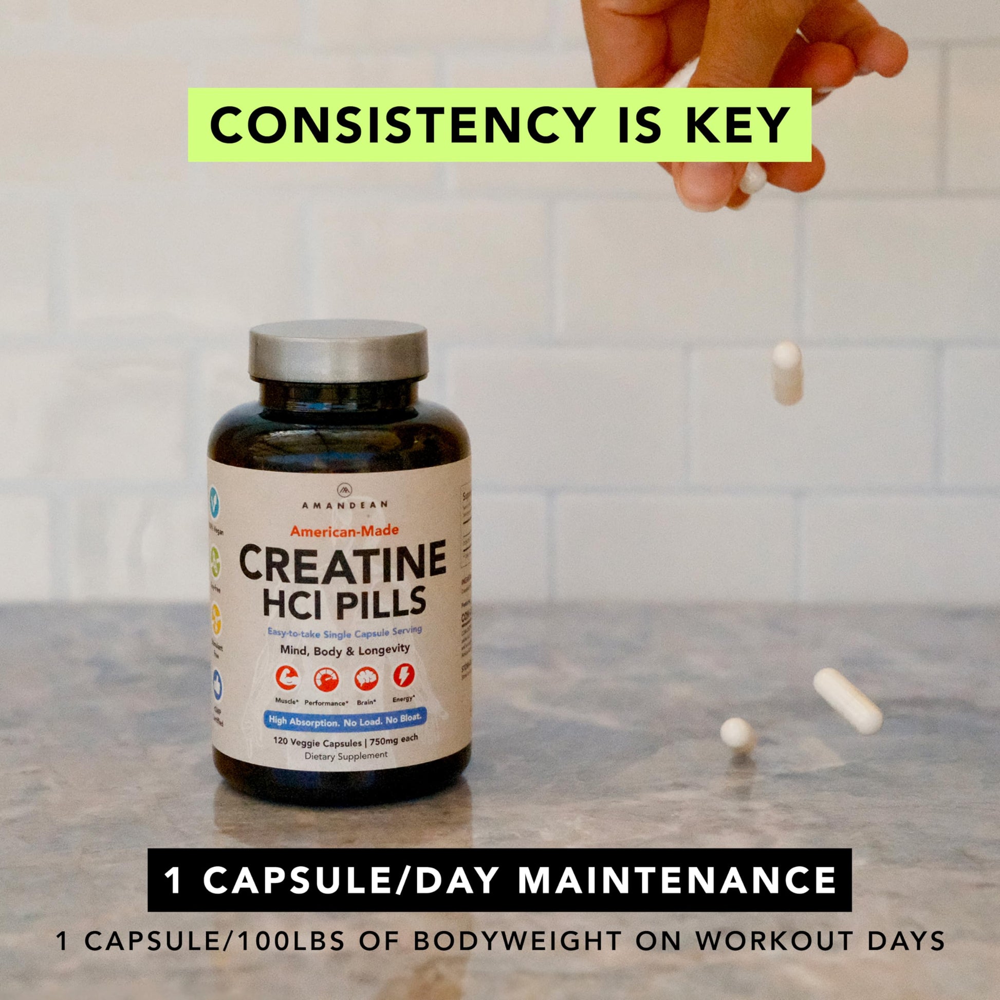 AMANDEAN Creatine HCl Pills. American Made CON-CRET. 120 Capsules. 7X Concentrated. No Bloat. Muscle, Energy, Cognitive, Recovery Support for Men & Women. Gluten Free, Non-GMO. AMANDEAN uk supplements