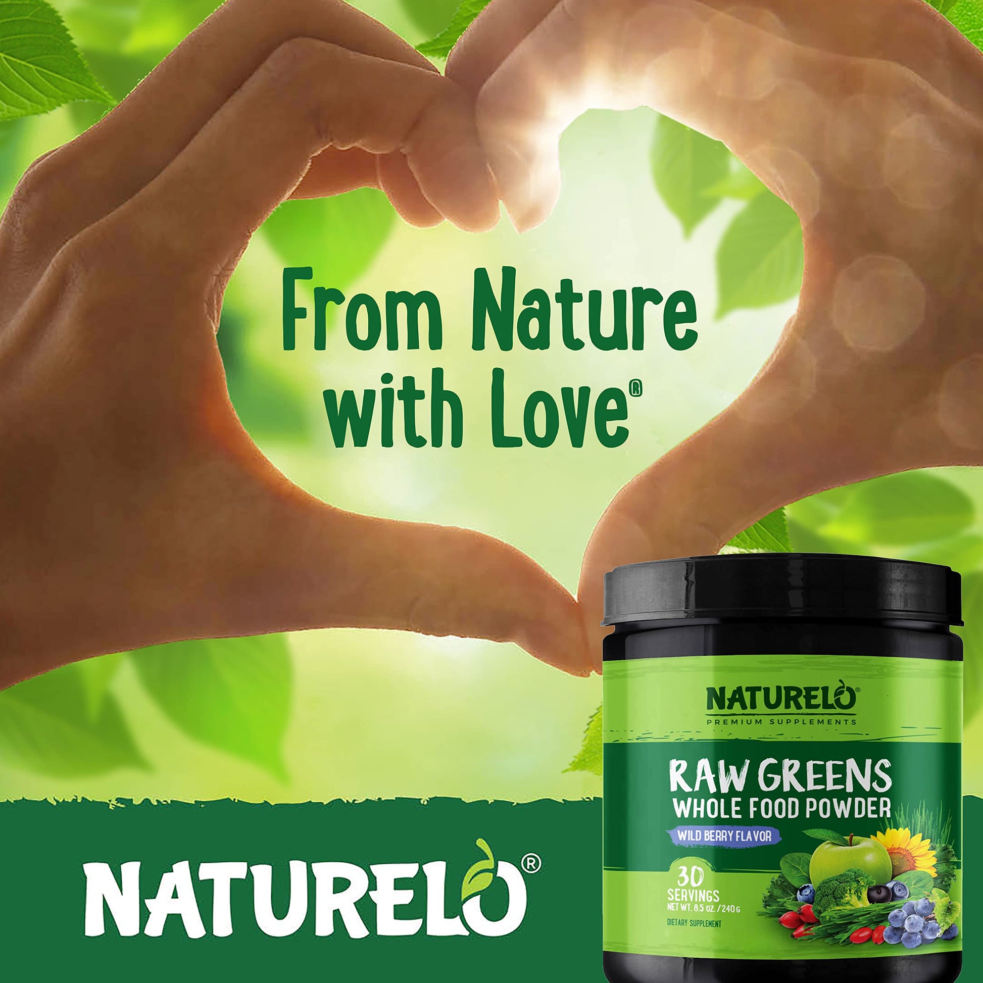 NATURELO Raw Greens Superfood Powder - Wild Berry Flavor - Boost Ener NATURELO uk supplements