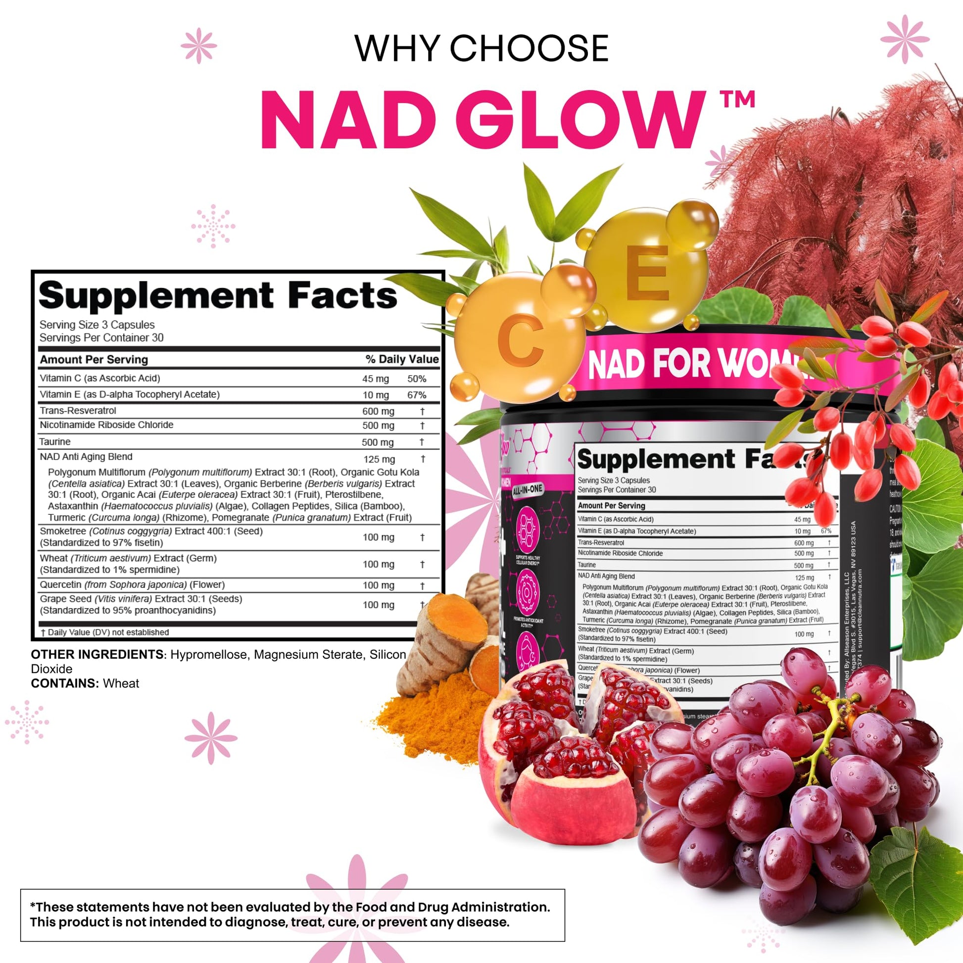 NAD+ Resveratrol Supplement for Women NAD Turmeric Vitamin C Acai Pomegranate Collagen Peptides Nicotinamide Riboside Fisetin Vitamin E Polygonum Multiflorum Berberine 90 Capsules by Clean Nutra Clean Nutraceuticals uk supplements