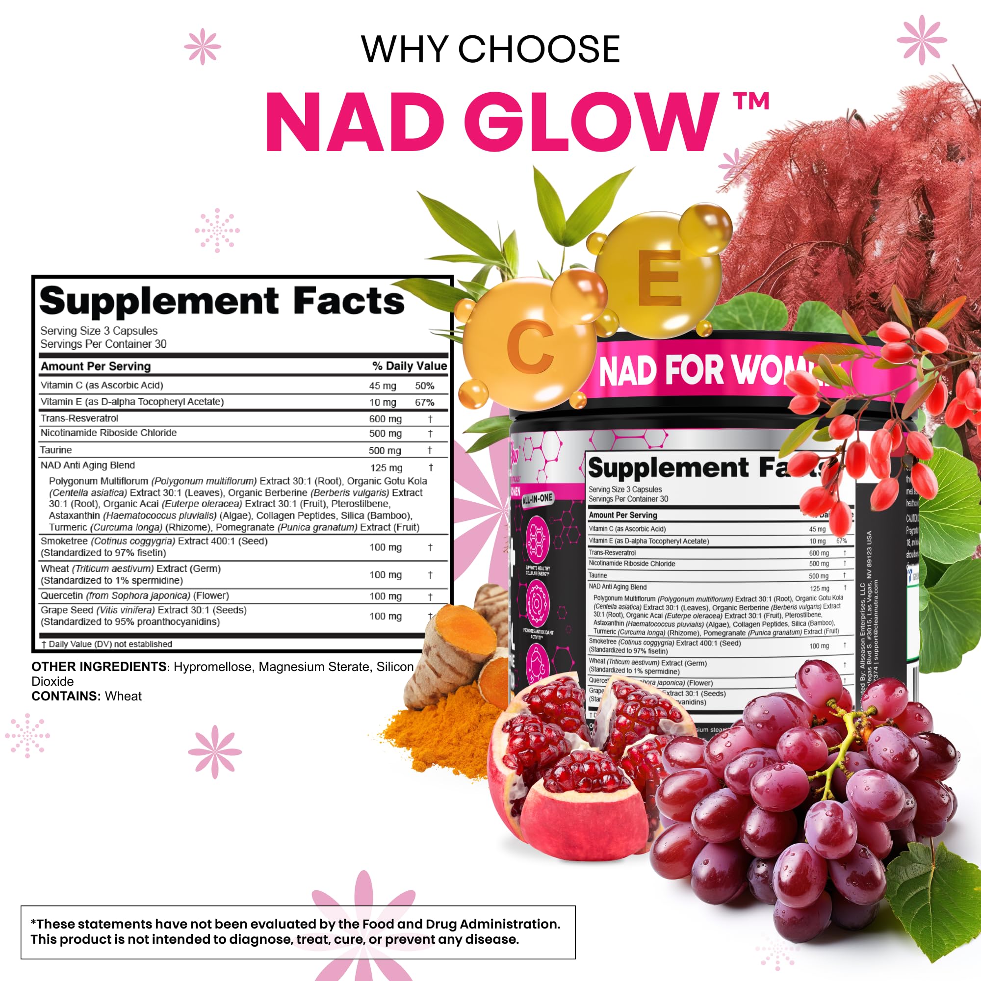 NAD+ Resveratrol Supplement for Women NAD Turmeric Vitamin C Acai Pomegranate Collagen Peptides Nicotinamide Riboside Fisetin Vitamin E Polygonum Multiflorum Berberine 90 Capsules by Clean Nutra Clean Nutraceuticals uk supplements