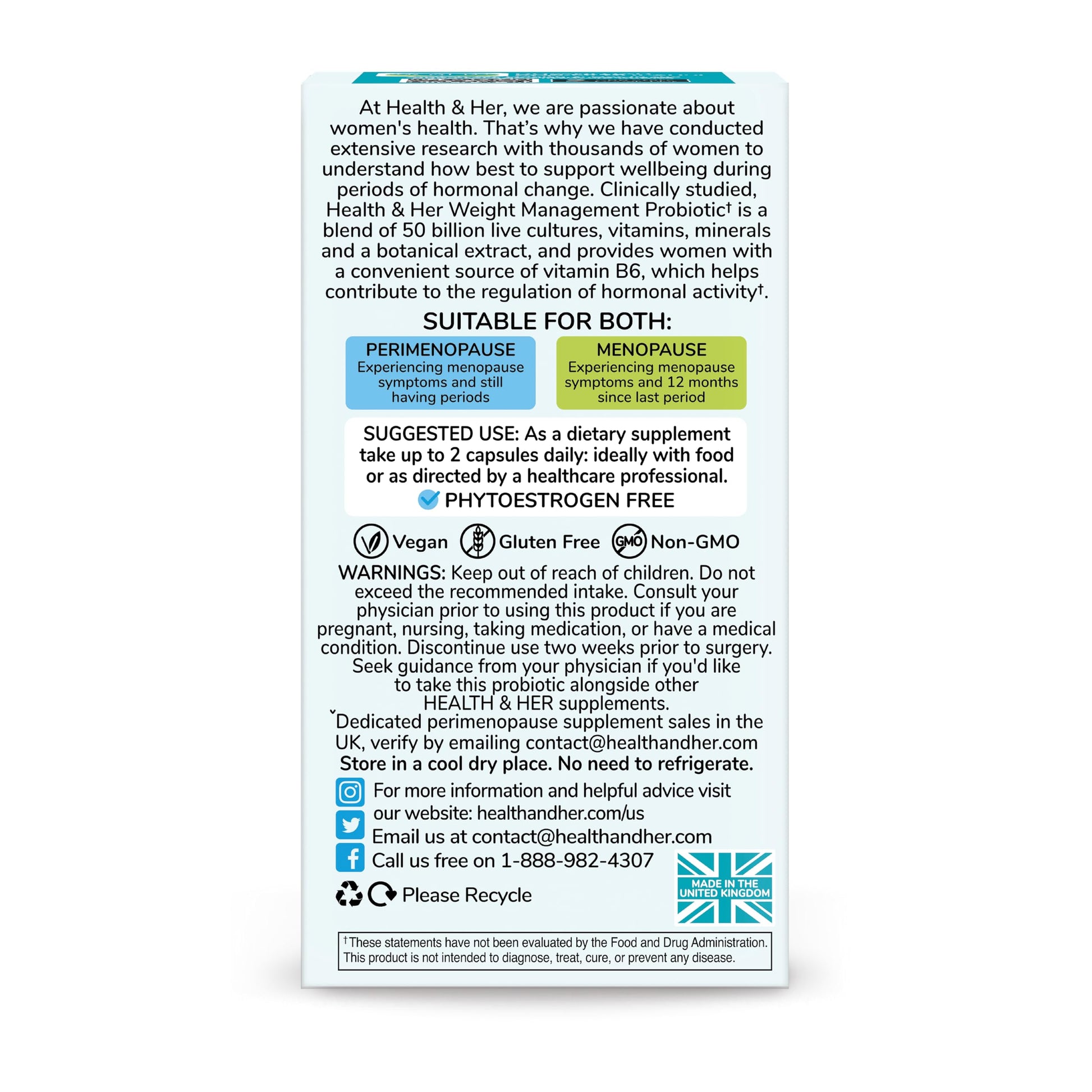 Health & Her Weight Management Probiotics for Women - Perimenopause & Menopause Supplement - Clinically Studied 50bn CFU Probiotics to Support Gut Health, Energy, Mood & Mind, Vegan (60 ct - 1 Month) Health and Her uk supplements
