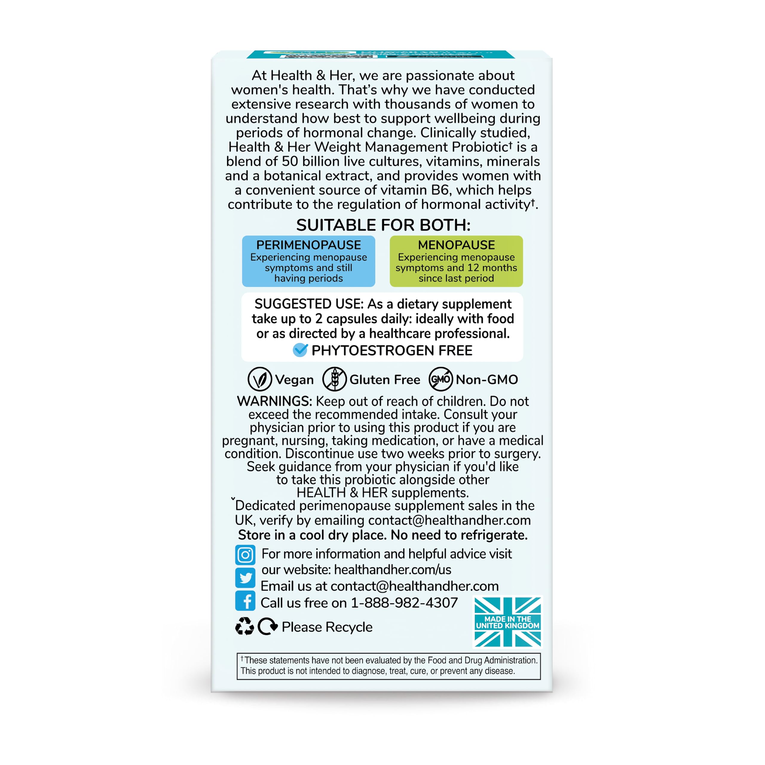 Health & Her Weight Management Probiotics for Women - Perimenopause & Menopause Supplement - Clinically Studied 50bn CFU Probiotics to Support Gut Health, Energy, Mood & Mind, Vegan (60 ct - 1 Month) Health and Her uk supplements