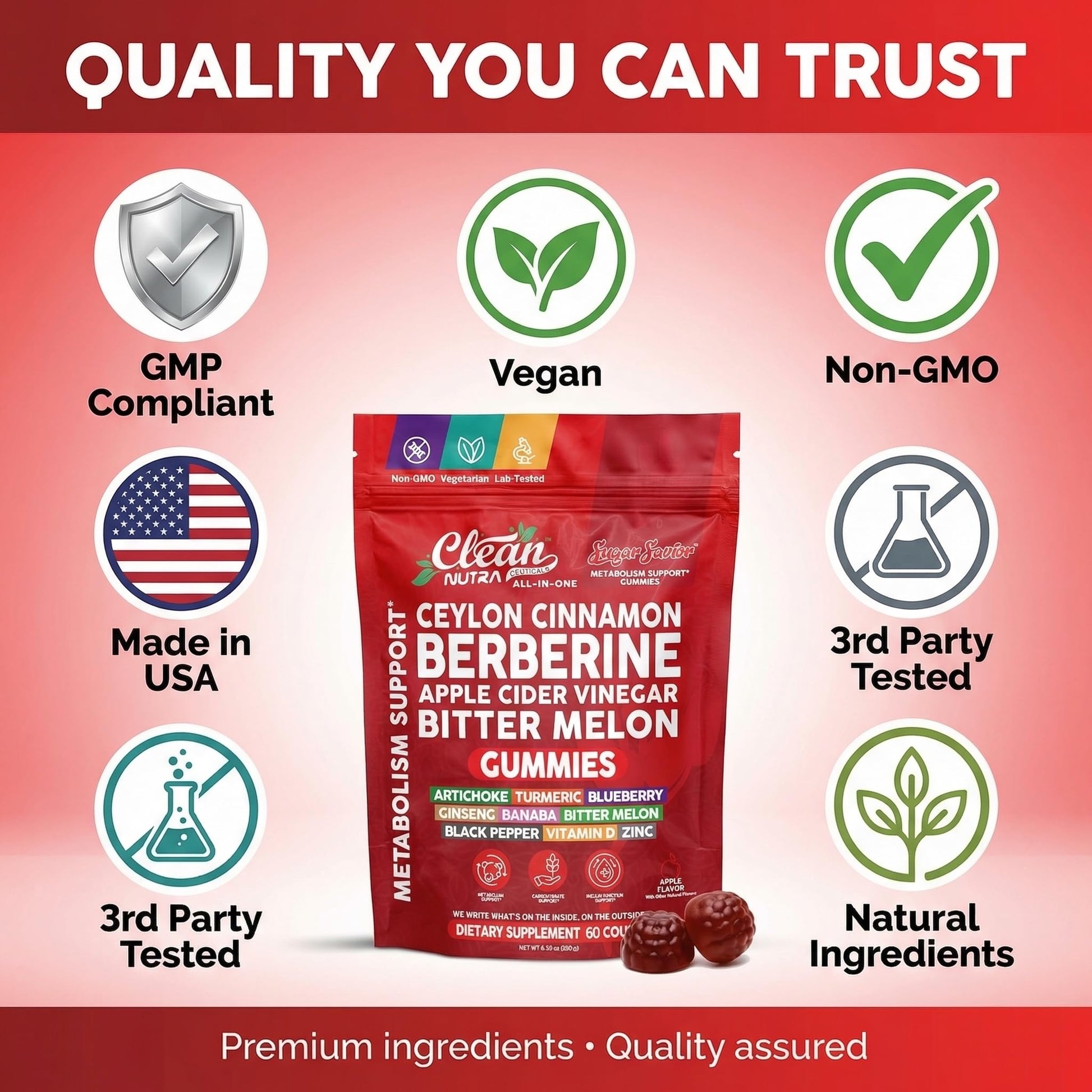 Sugar Savior Ceylon Cinnamon Berberine Gummies Apple Cider Vinegar Artichoke Turmeric Blueberry Ginseng Banaba Bitter Melon Black Pepper Vitamin D Zinc GLP1 Gummies 60 Count by Clean Nutra Clean Nutraceuticals uk supplements