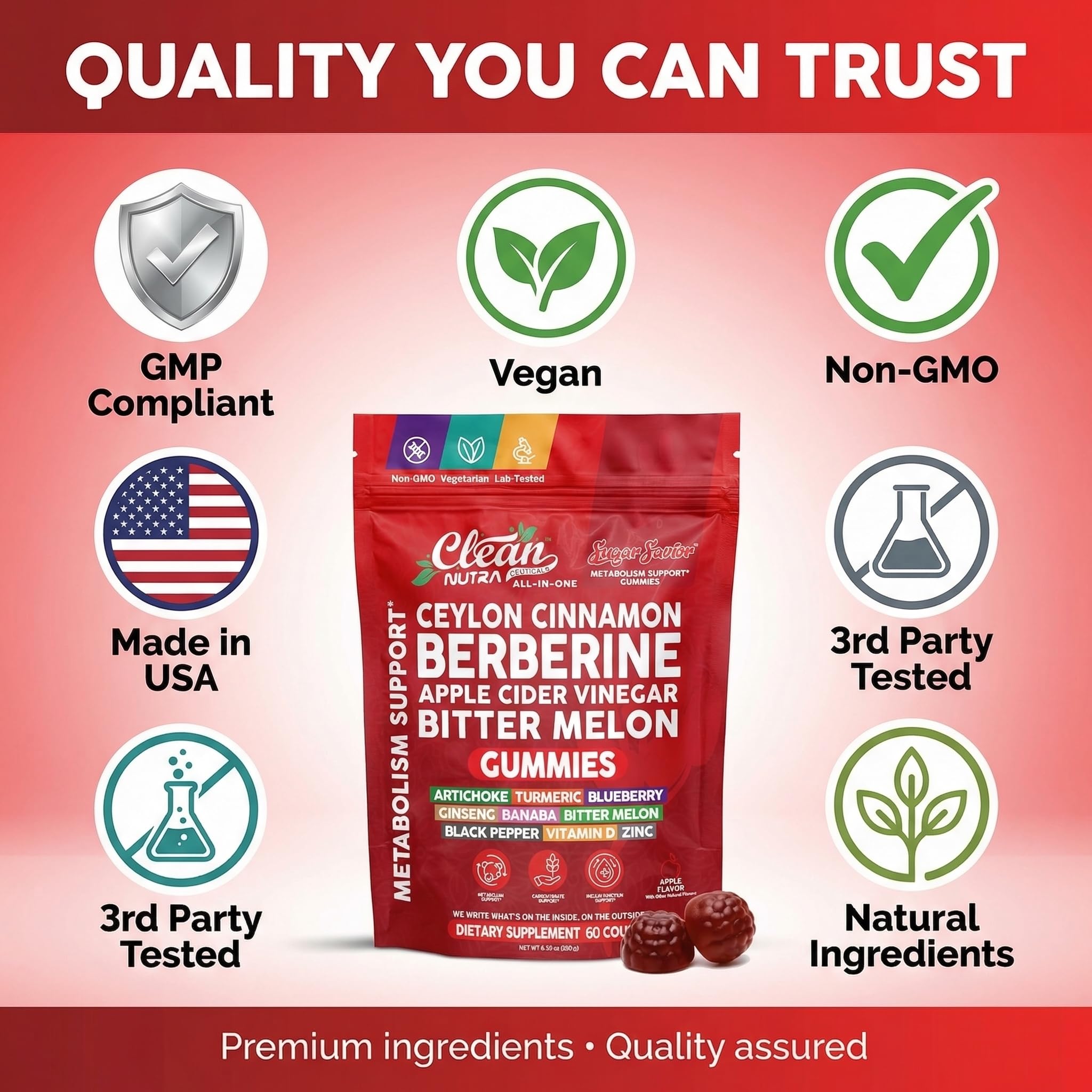 Sugar Savior Ceylon Cinnamon Berberine Gummies Apple Cider Vinegar Artichoke Turmeric Blueberry Ginseng Banaba Bitter Melon Black Pepper Vitamin D Zinc GLP1 Gummies 60 Count by Clean Nutra Clean Nutraceuticals uk supplements