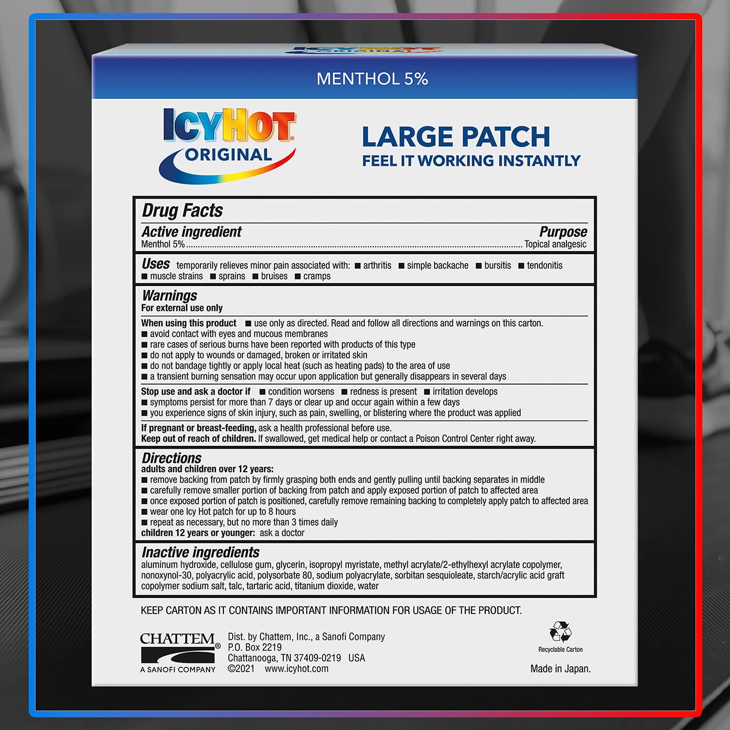 Icy Hot Original Pain Relief Patch, Large Size Comfortable Fabric Patches with Menthol 5%, Ice and Heat Contrast Therapy for Backaches, Joints, Muscle Strains and Arthritis, 5 ct. Icy Hot uk supplements