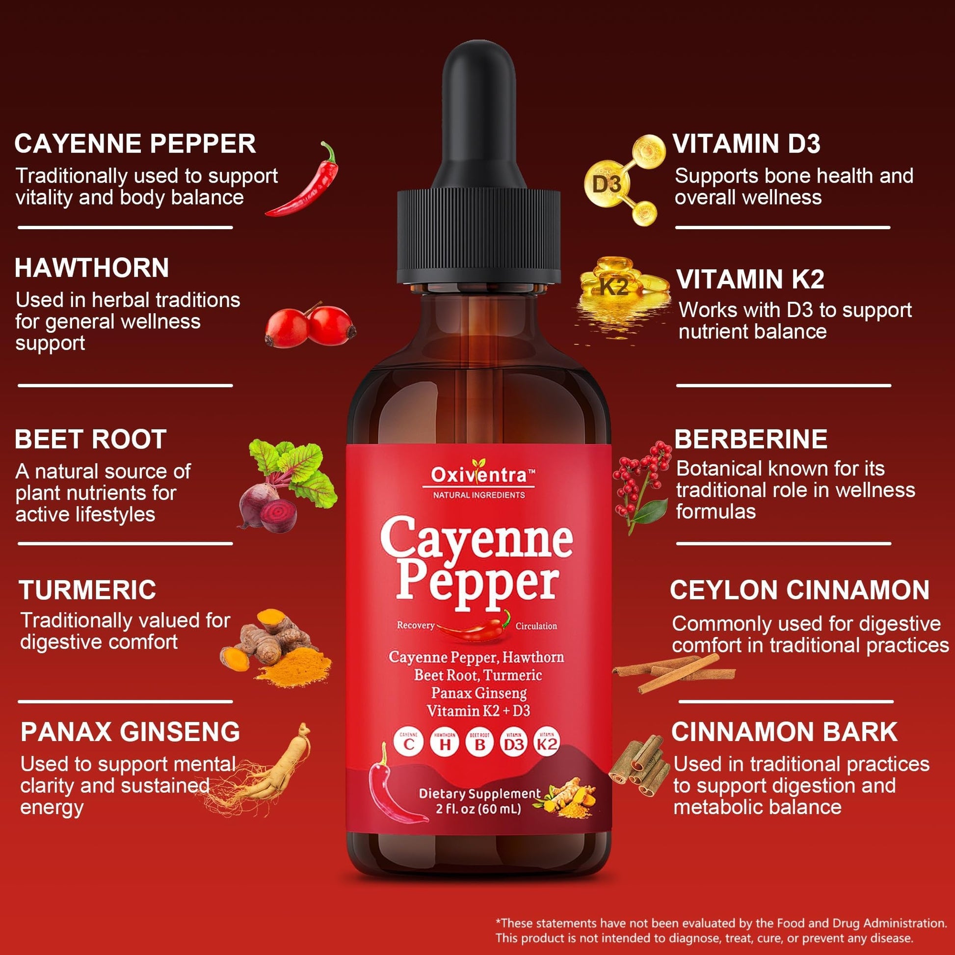 Cayenne Pepper Drops Liquid Supplement Smooth & Sweet Herbal Liquid + Hawthorn Berry, Vitamin D3 K2 Beet Root Powder, Ceylon Cinnamon, Turmeric Curcumin, Organic Panax Ginseng - 2fl oz Oxiventra uk supplements