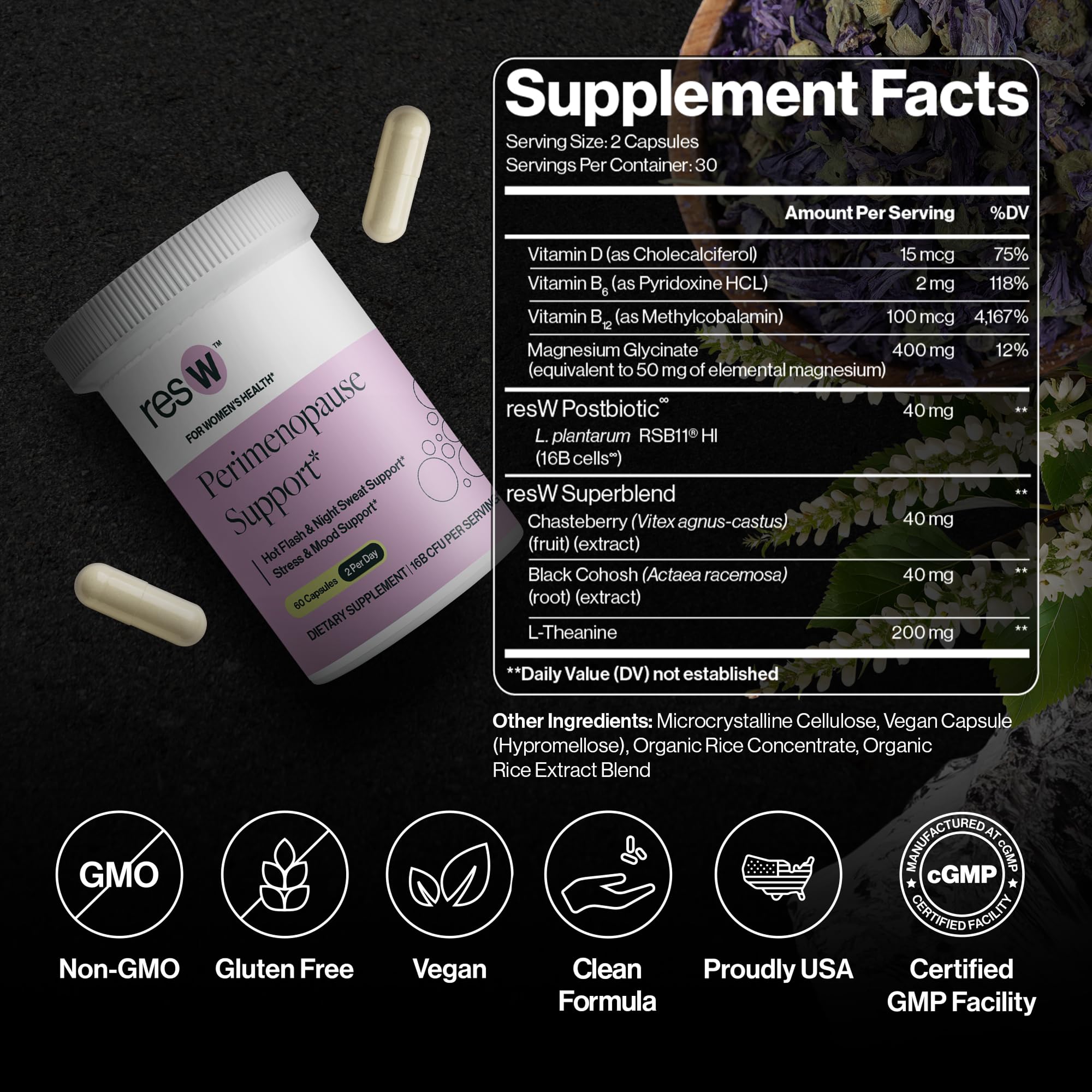 resW Perimenopause Postbiotic Supplement for Women - Hot Flash Support, Night Sweat Relief, Hormone Free, Vegan, Gluten Free, Non GMO, Plant Based Gut Health Support - 60 Capsules ResBiotic uk supplements