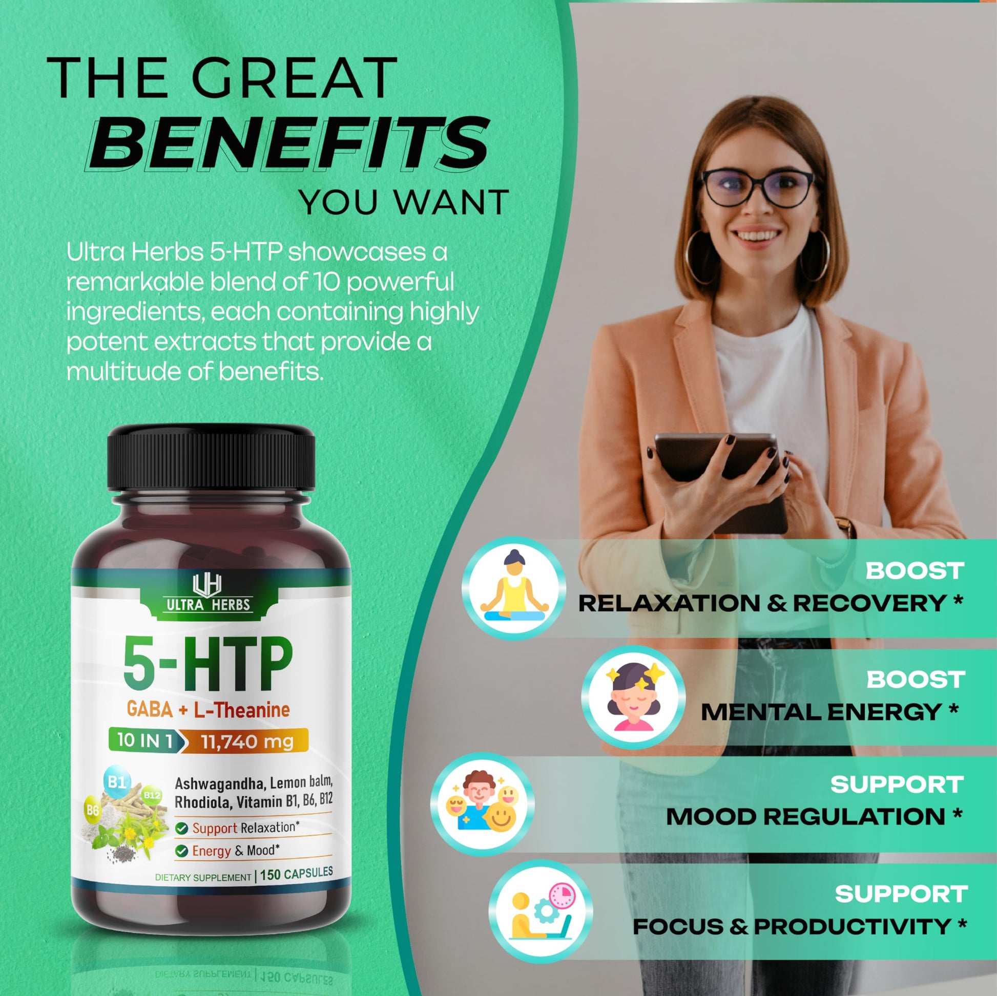 5-HTP Supplement 11,740mg 10 in 1 with GABA, L-Theanine, Ashwagandha, Rhodiola ULTRA HERBS uk supplements