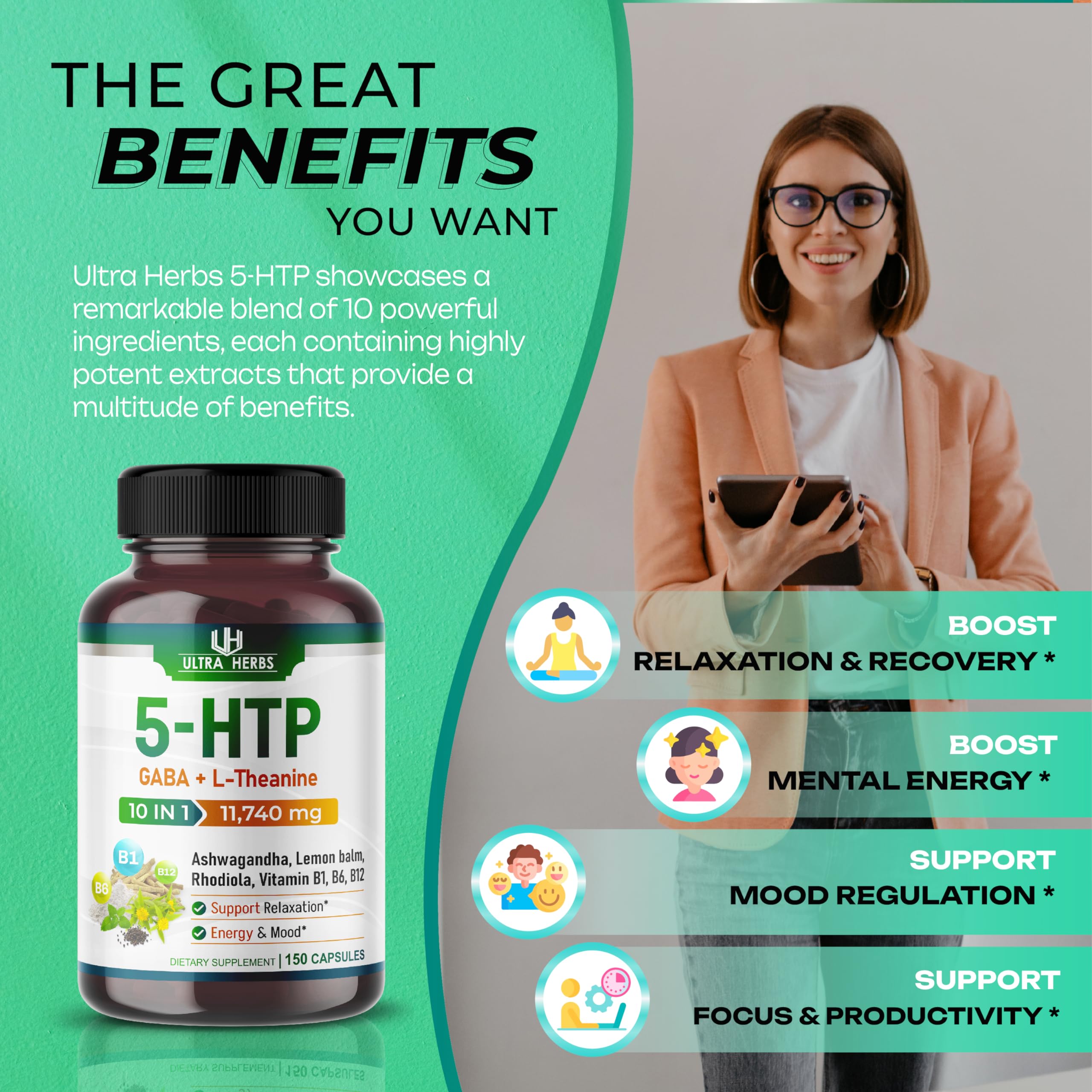 5-HTP Supplement 11,740mg 10 in 1 with GABA, L-Theanine, Ashwagandha, Rhodiola ULTRA HERBS uk supplements