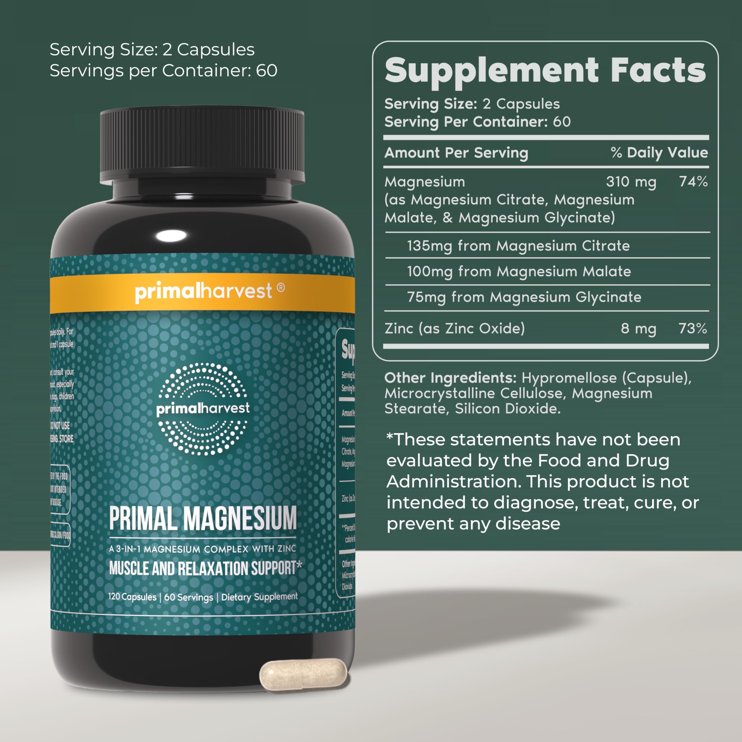 Magnesium Supplement Complex 310mg by Primal Harvest with Magnesium Glycinate, Citrate, Malate, and Zinc 120 Capsules Primal Harvest uk supplements