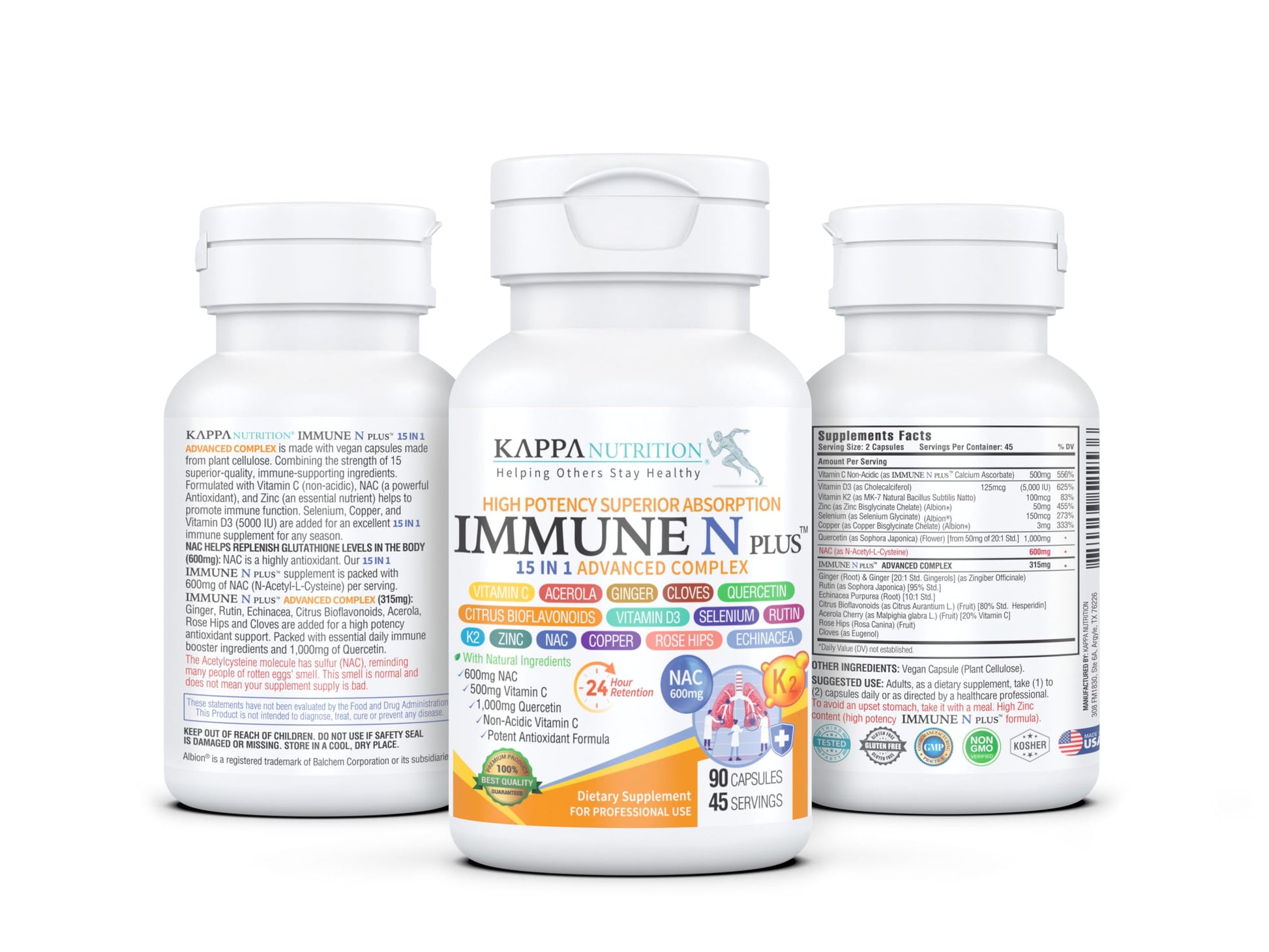 (90 Capsules), NAC 600mg, Quercetin 1,000mg, Vitamin C 500mg, Zinc 50mg, Vitamin D3 5,000iu, Selenium, Copper, Acerola, Ginger, Rutin, Citrus Bioflavonoids, Rose Hips, Echinacea, Immune N Plus 15 in 1 KAPPA NUTRITION uk supplements