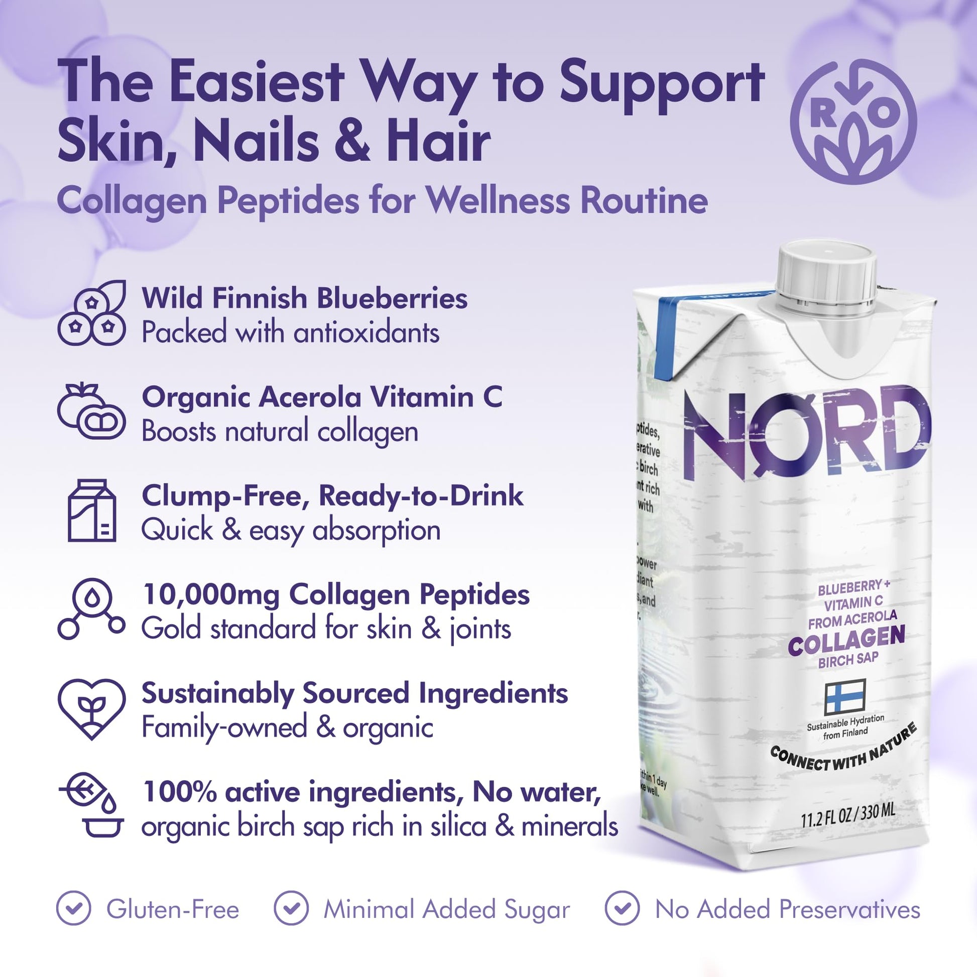 Nordic Liquid Collagen Peptide Drink, Organic Birch Sap, Wild blueberry + Vitamin C, Made in Finland - 10g Clinically Studied Grass Fed Collagen Peptides for Skin Hair Nails & Joint Support, with Silica, BPA-Free Beverage (12 Pack) Nordic Tree Water uk supplements