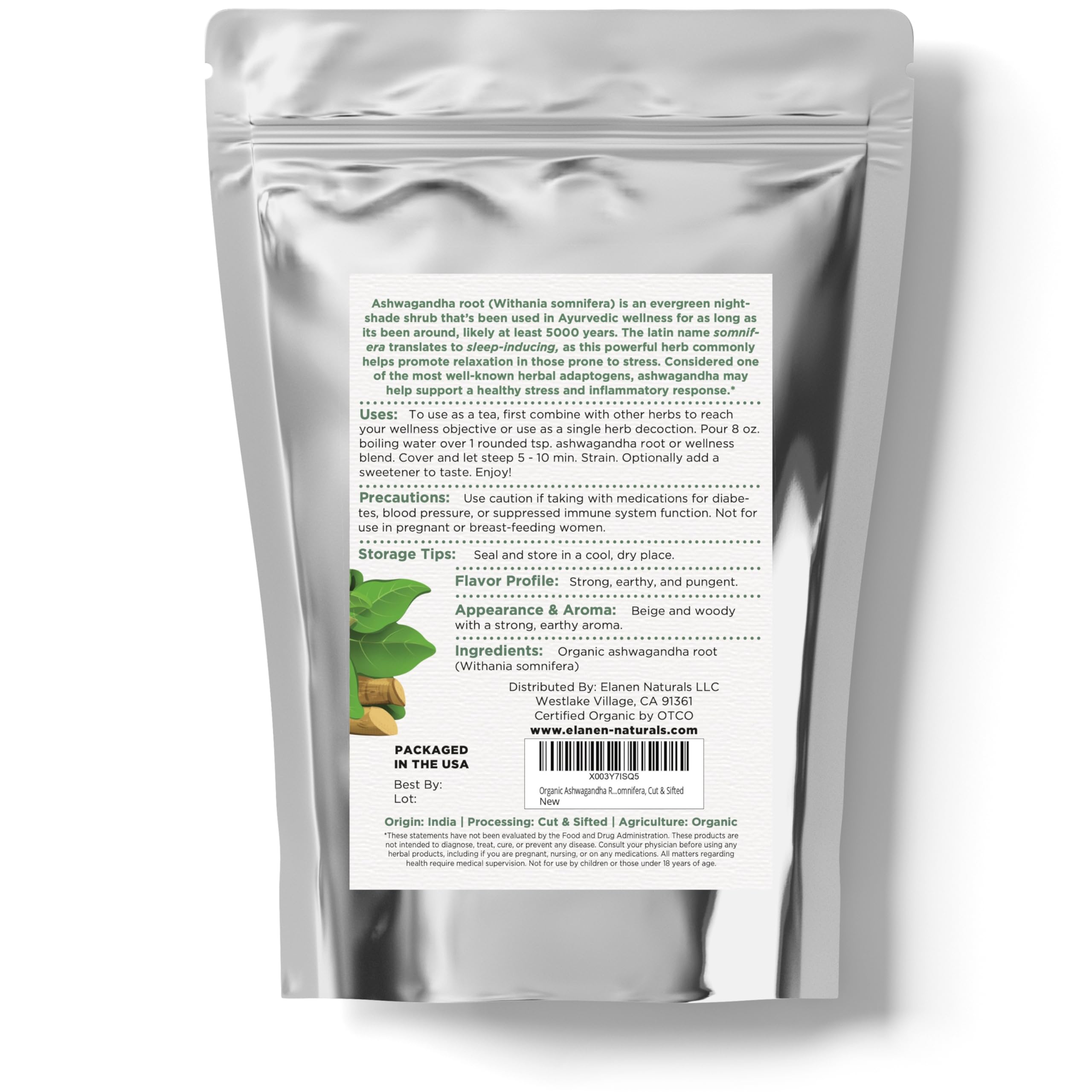 Elanen Naturals Organic Ashwagandha Root 4 oz. (113g), USDA Certified Organic Ashwagandha Root Loose Leaf Tea, Dried Withania somnifera, Cut & Sifted Elanen Naturals uk supplements