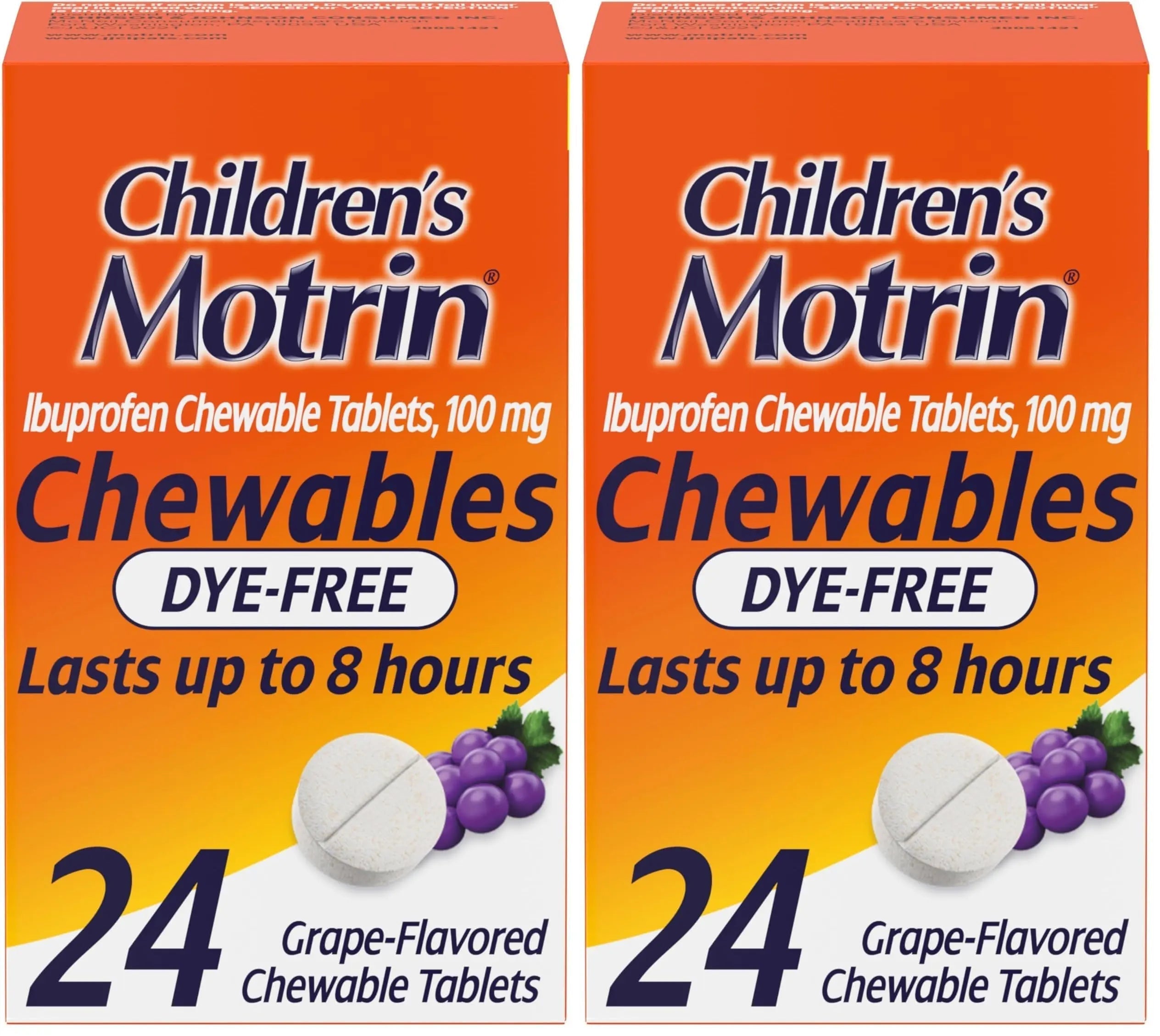 Motrin Children's Dye-Free Chewable Tablets with Ibuprofen, Kids' Fever Reducer & Pain Reliever for Sore Throat, Fever, Toothache & Pain Relief, Grape Flavor, 24 Count (Pack of 2) Motrin uk supplements