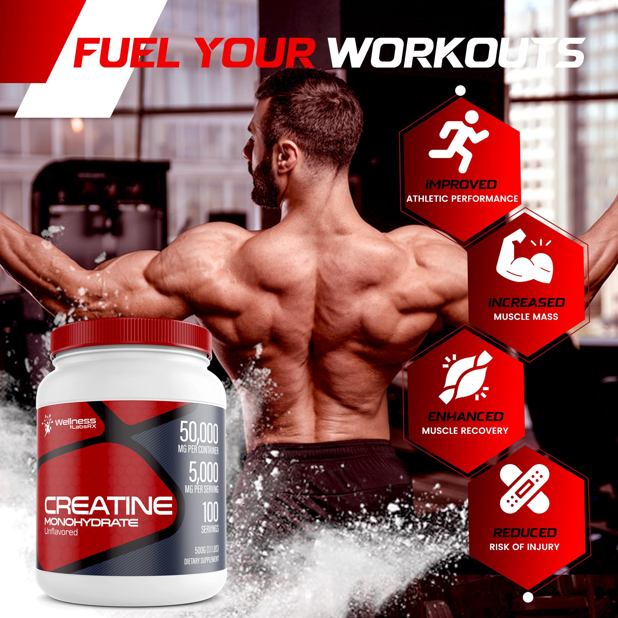 Creatine Monohydrate Powder - 5000mg Micronized for Muscle Growth, Enhanced WELLNESS LABSRX uk supplements