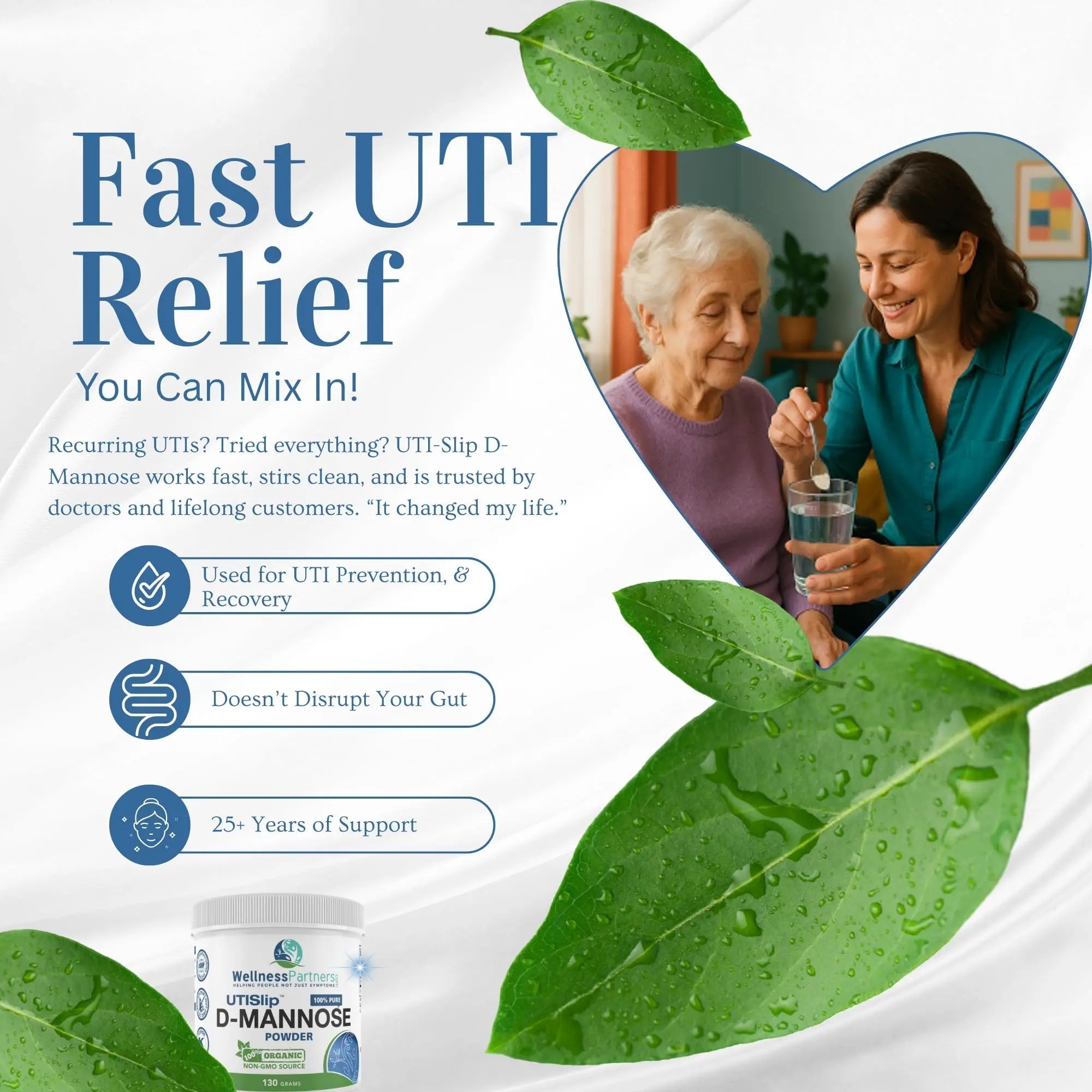 Now New UTI-Slip D Mannose Non GMO Organic Source Powder 130g jar. WellnessPartners uk supplements
