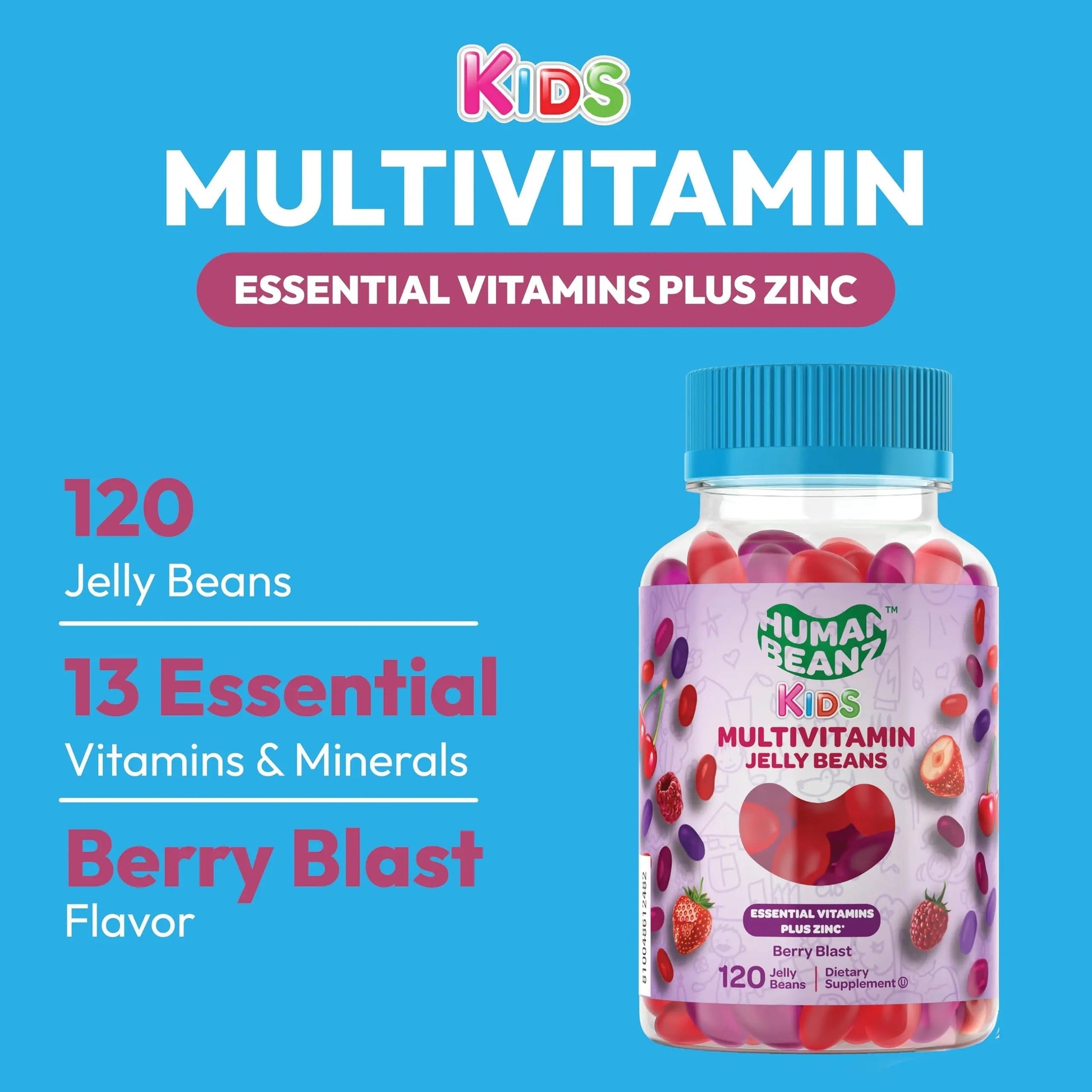 Human Beanz Multivitamin Jelly Bean Gummies with Zinc for Kids, Immune Support Dietary Supplements, Vegetarian, 120 Berry Blast Jelly Beans, Kosher Human Beanz uk supplements