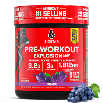 Six Star Pre-Workout Explosion, Grape (30 Servings) - Preworkout Energy Powder Supplement for Men & Women - Workout Drink Mix with L-Tyrosine & Beta Alanine Six Star uk supplements