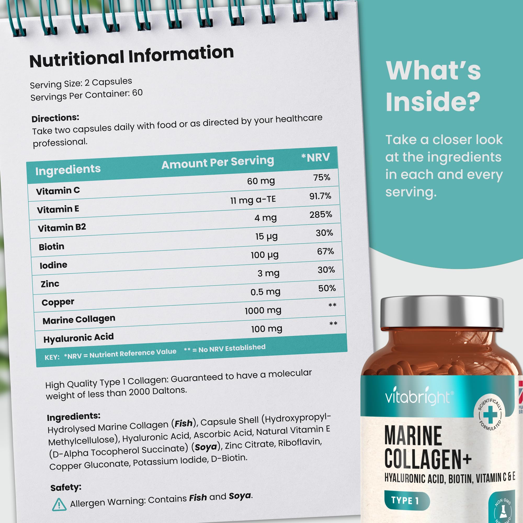 Marine Collagen Capsules 1000mg - 120 Capsules - 9 Powerful Skin Supporting Nutrients VitaBright uk supplements