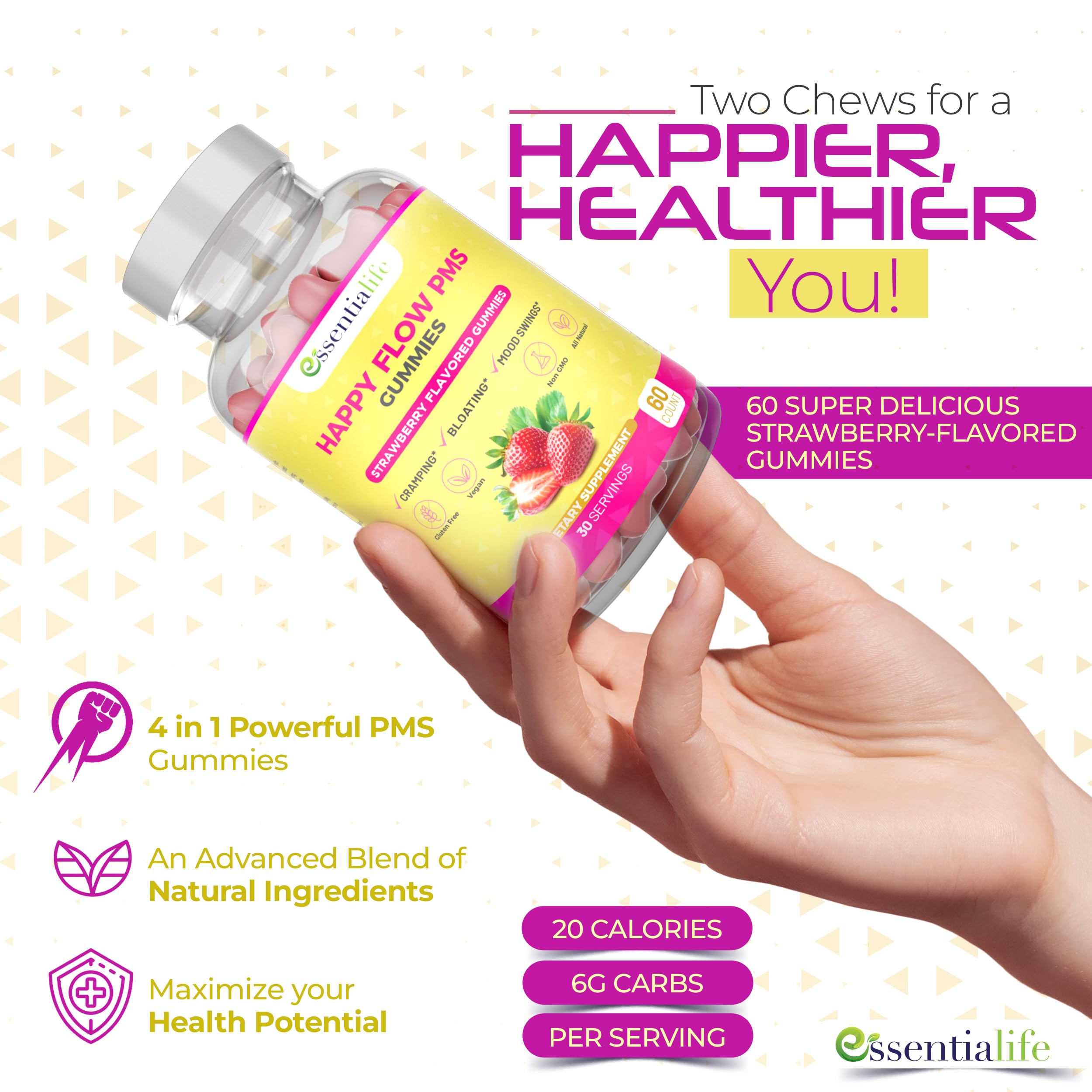 PMS Gummies - Happy Flow PMS Support Supplement for Women - Strawberry PMS Relief Supplement with Vitamin B6 for Hormone Balance, Period Support, Cramps, Hormonal Acne & Bloating Relief (60 Count) Essentialife uk supplements