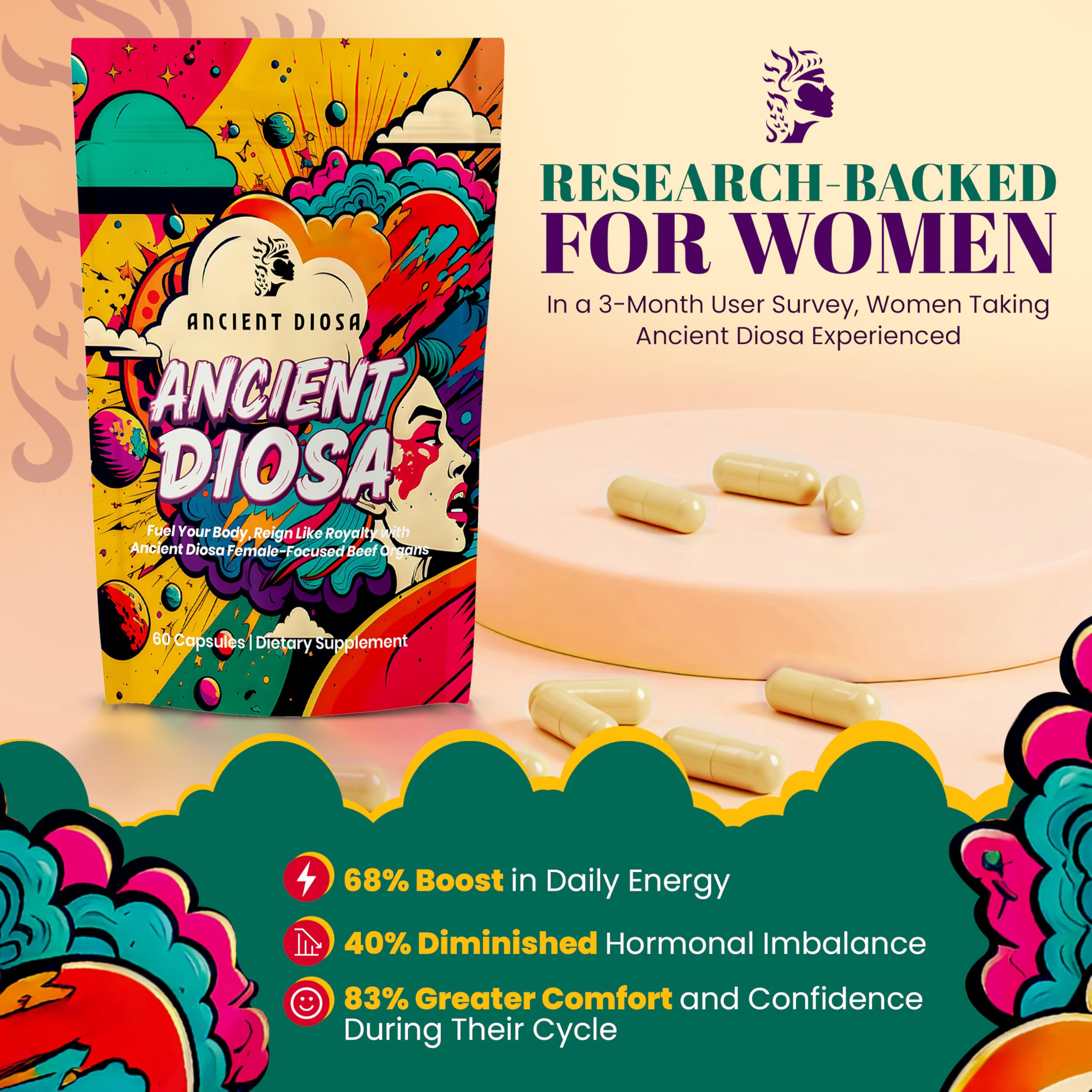 ANCIENT DIOSA Grass Fed Beef Liver Capsules - Female-Focused Organ Supplement with Liver, Heart, Ovary & Uterus - Supports Hormone Balance & Vitality, Whole Body Wellness - 60 Capsules ANCIENT DIOSA uk supplements