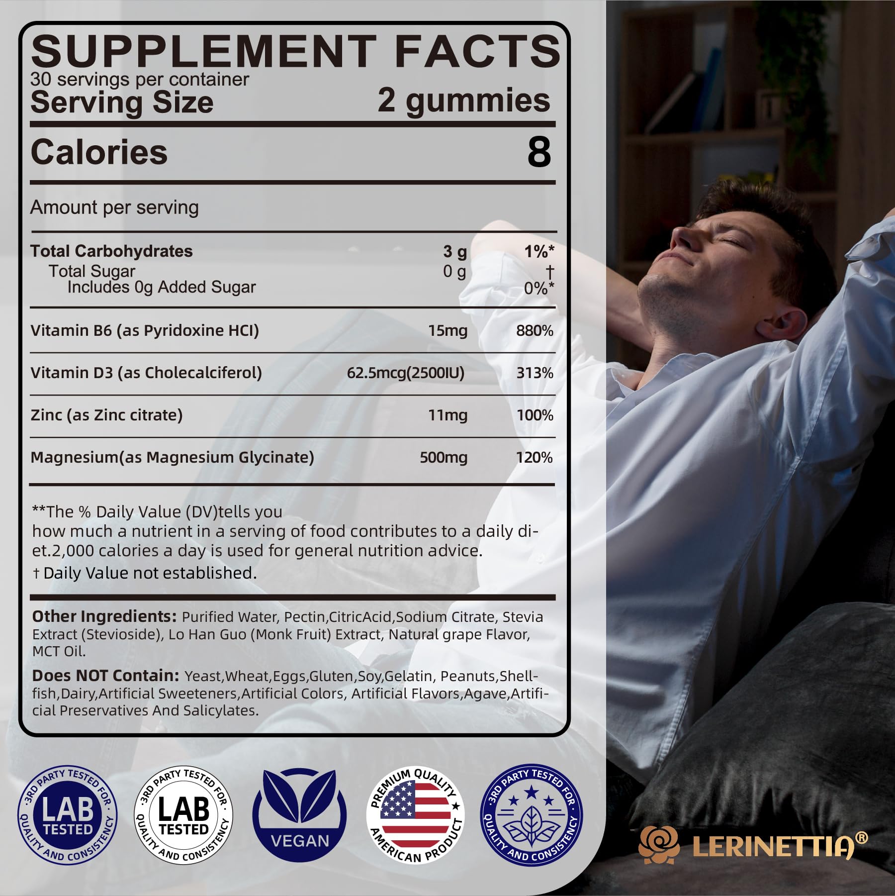 Magnesium Glycinate 500mg/250mg for Adults Teens - Plus D3,B6 & Zinc - Magnesium Glycinate Gummies,High Absorption - Support for Relaxation,Brain,Bone & Immunity Health - Sugar Free - 120Cts Lerinettia uk supplements