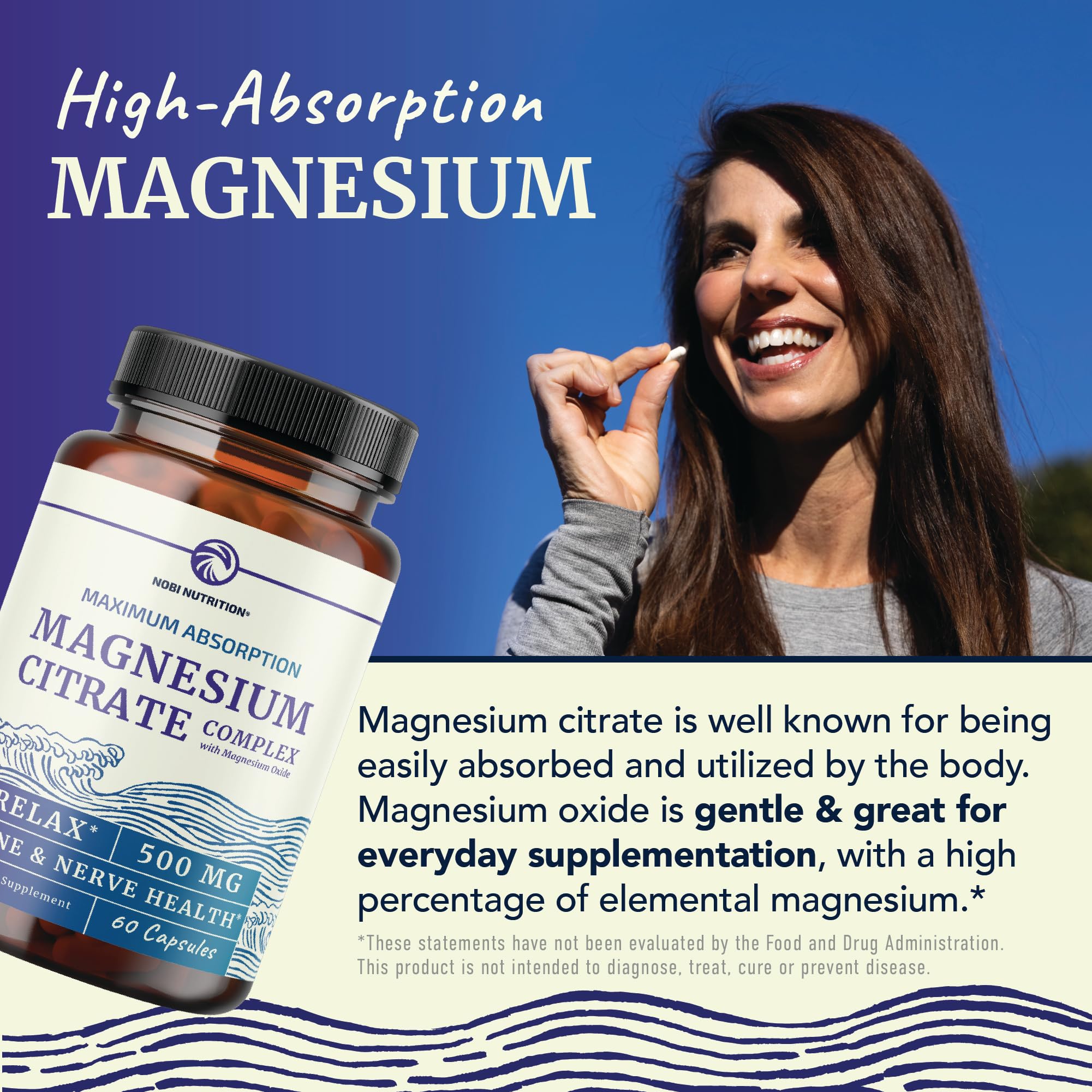 Magnesium Citrate Complex 500 MG for Calm & Relaxation | High Absorption Magnesium Supplement | Citrato de Magnesio | Constipation & Digestion Support Non-GMO Soy-Free | 60 Mag Citrate Capsules Nobi Nutrition uk supplements