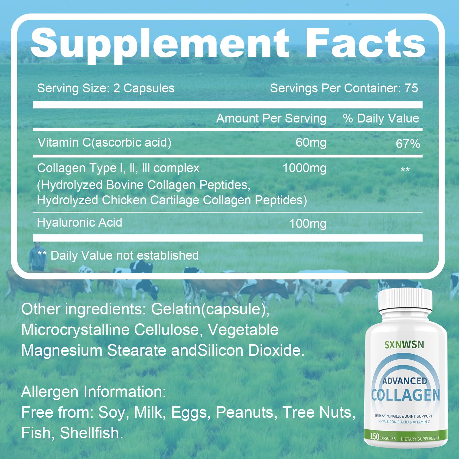 Advanced Multi Collagen Supplement with Vitamin C + Hyaluronic Acid - Hydrolyzed Collagen Peptides Supports for Skin, Joints & Hair* | Collagen Complex 150 Capsules for Women or Men SXNWSN uk supplements