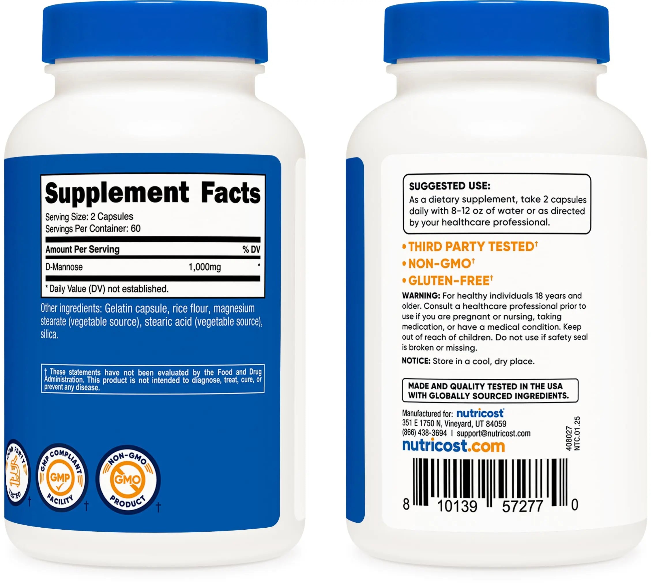 Nutricost D-Mannose 1000mg Per Serving, 120 Capsules - 500mg Per Capsule, Urinary Tract Health, Non-GMO and Gluten Free (Pack of 2) Nutricost uk supplements
