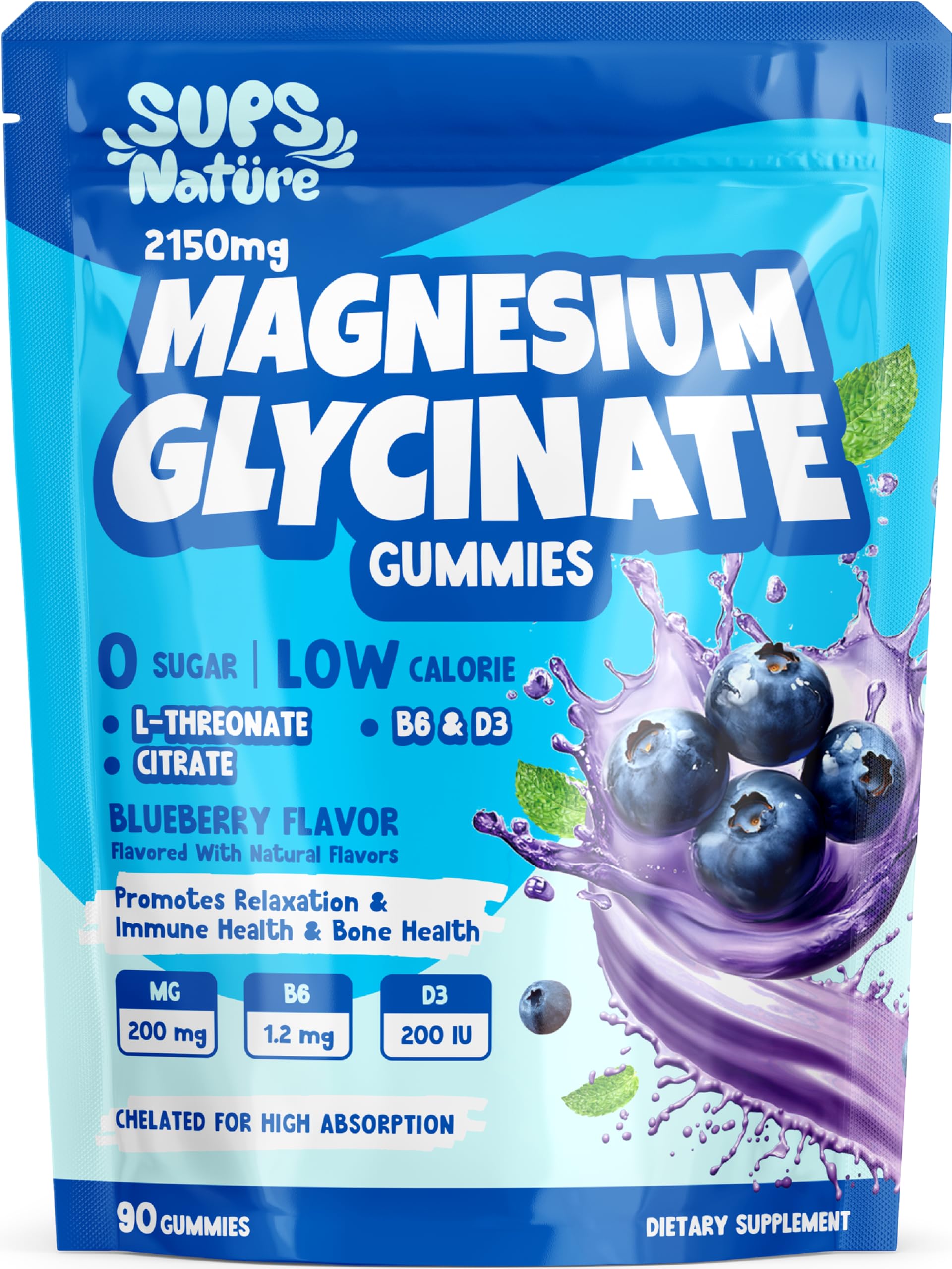 Magnesium Glycinate Gummies 2150 mg with Magnesium L-Threonate for Adults, Melatonin Free, High Absorption, Blueberry Flavor, 90 Count sups nature uk supplements