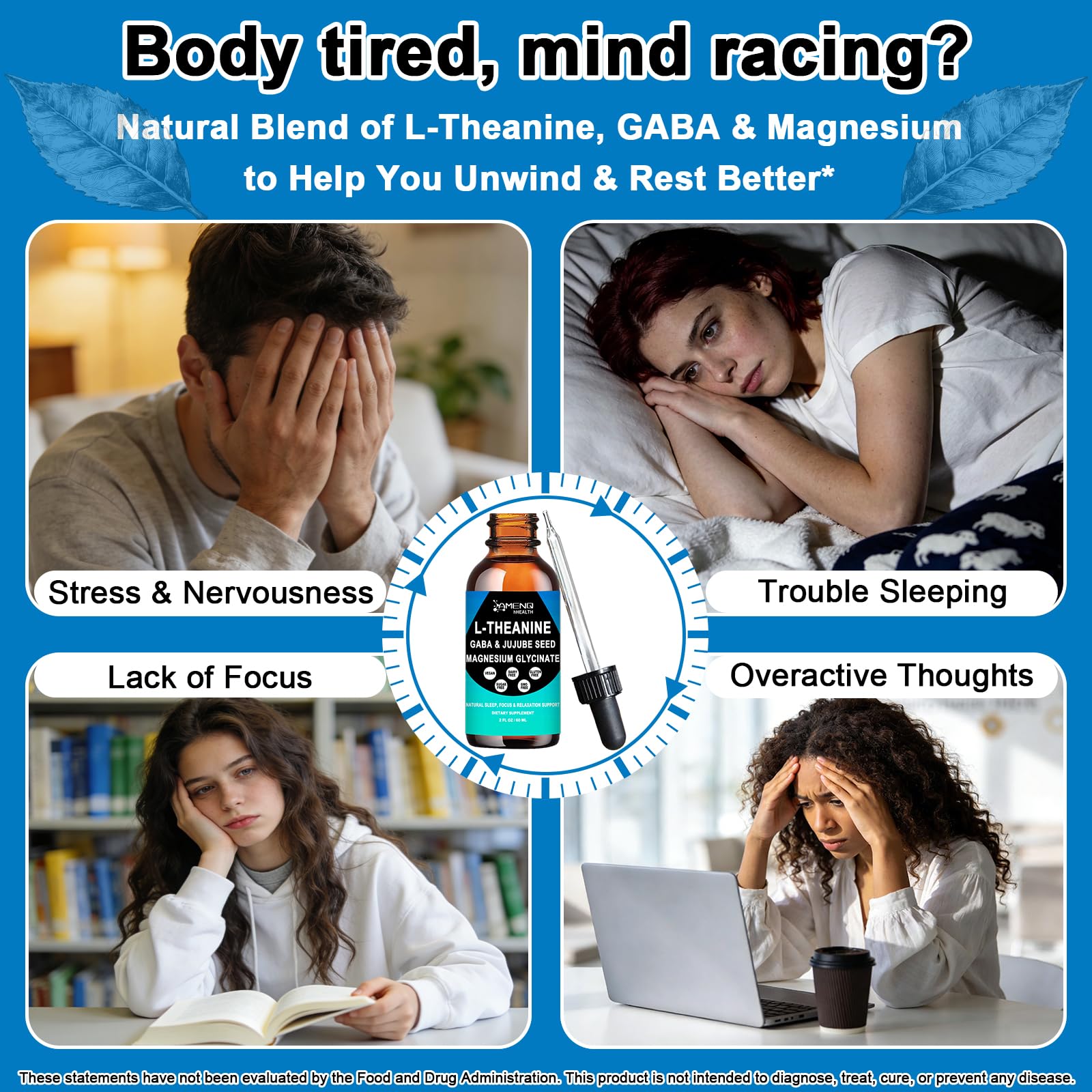 L Theanine Liquid Drops - Double Strength L-Theanine 200mg for Adults & Kids, Fast Absorption Gaba L-Theanine Supplements w. Magnesium & Jujube Seed for Nerve & Sleep, Relaxation & Mood Support丨Vegan AMENQ hHEALTH uk supplements