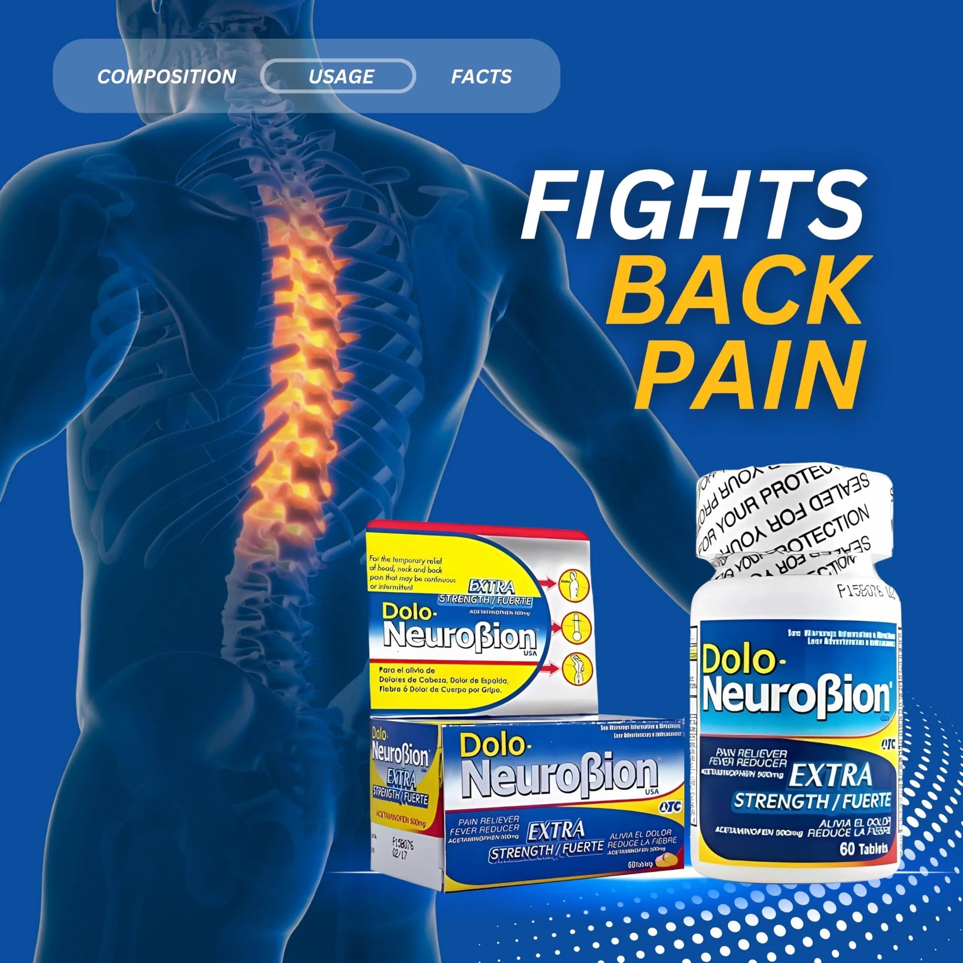 Dolo Neurobion Pain Reliever, Fever Reducer, Extra Strength. Alivia el Dolor,Reduce la Fiebre, Extra Fuerte. 60 Tablets. Acetaminophen 500 mg Neurobion uk supplements