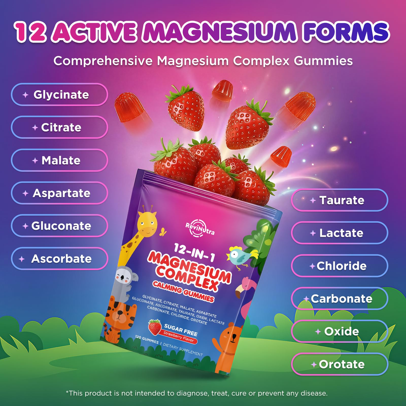 Magnesium Complex 700mg - 12 in 1 Magnesium Gummies with Glycinate, Citrate, Malate, Oxide, Taurate, Aspartate, Orotate - Supports Relaxation, Muscle & Heart - Sugar Free Strawberry 120 Count ReviNutra uk supplements