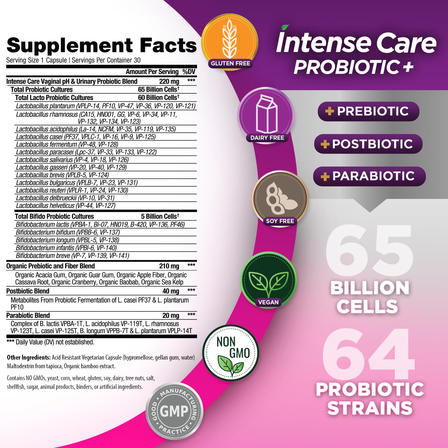Vital Planet - Intense Care Vaginal pH & Urinary Probiotics for Women Plus Organic Prebiotics, Postbiotics, and Parabiotics, 65 Billion CFU and 64 Strains, Immune and Digestive Health 30 ct Vital Planet uk supplements
