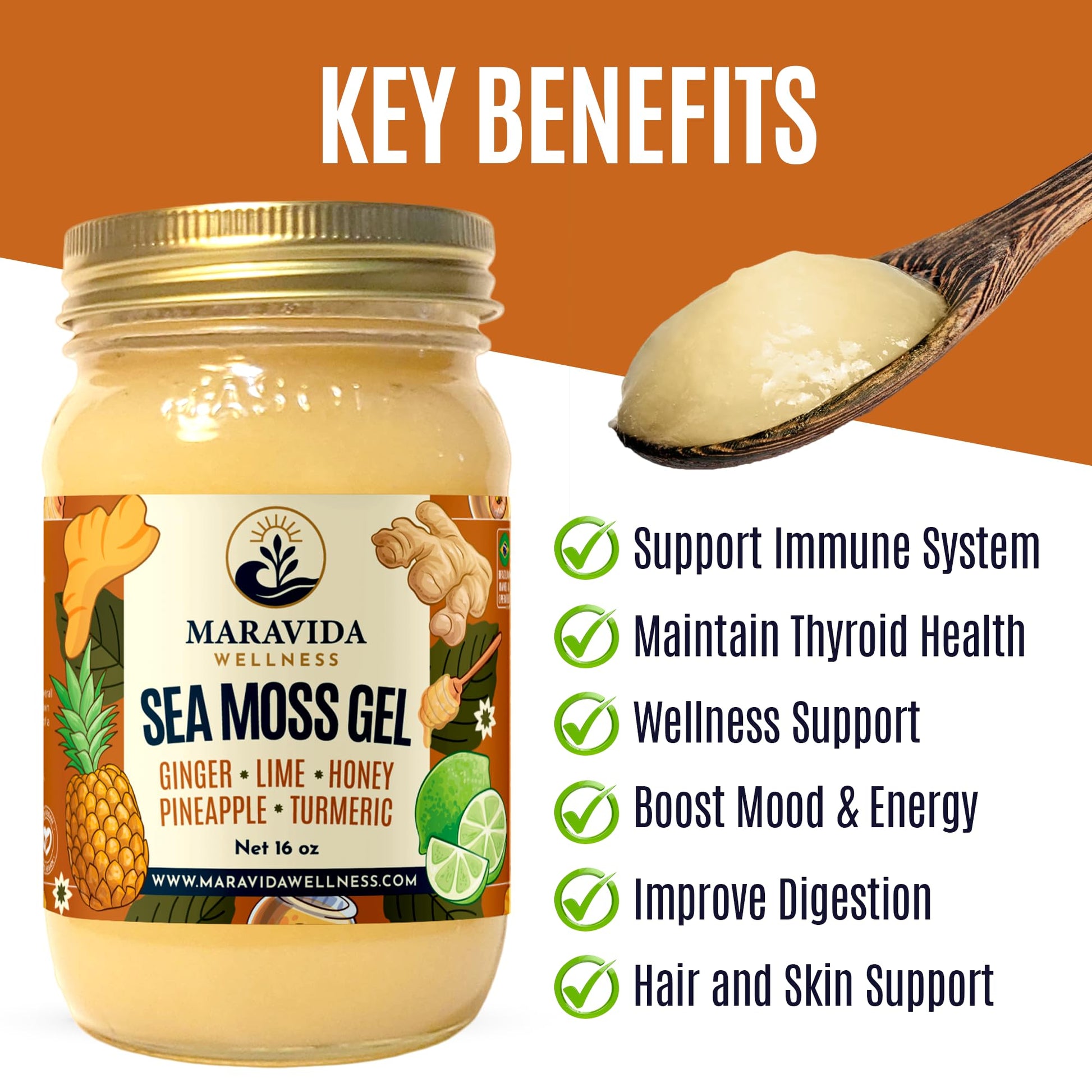 Maravida Wellness Sea Moss Gel – Pineapple, Lime, Honey, Ginger & Turmeric – 100% Natural Raw Organic Irish Moss – 16oz Jar – Premium Superfood for Everyday Wellness Maravida Wellness uk supplements
