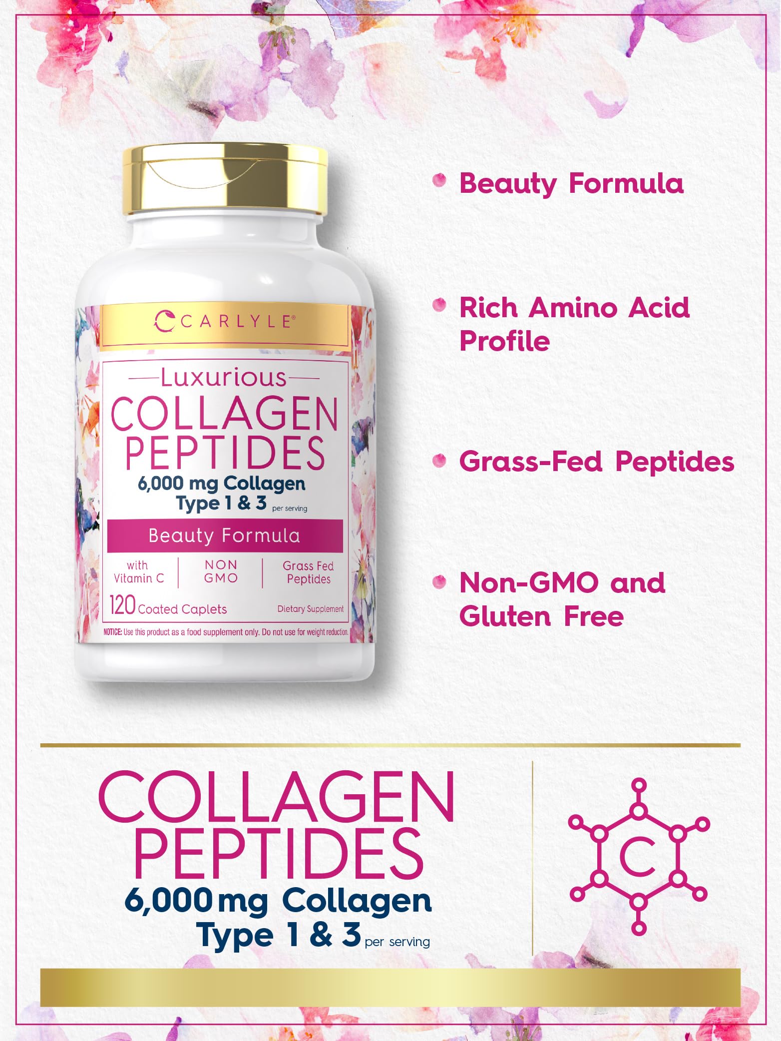 Carlyle Collagen with Vitamin C | 6000mg | 120 Caplets | Multi Collagen Peptide Pills Carlyle uk supplements