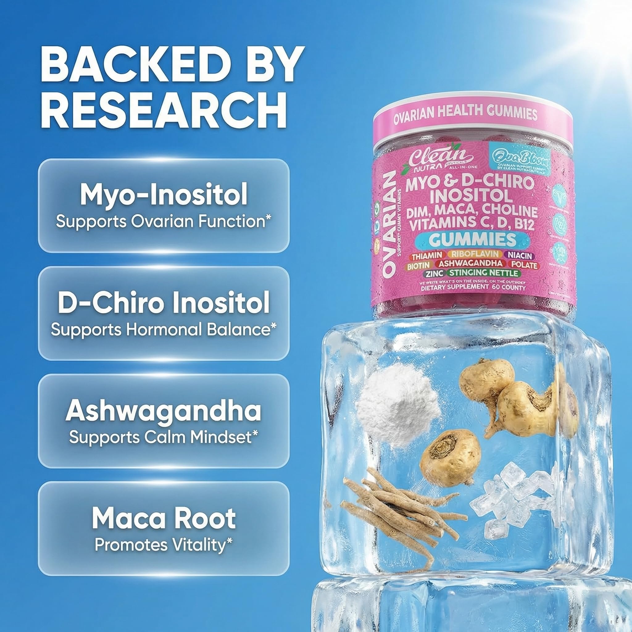 OVA Bloom Ovarian Support Gummies Myo Inositol D-Chiro Inositol Choline Flax Biotin Riboflavin Thiamin Niacin Ashwagandha DIM Maca Root Vitamin C D3 B12 Zinc 60 Count By Clean Nutra Clean Nutraceuticals uk supplements