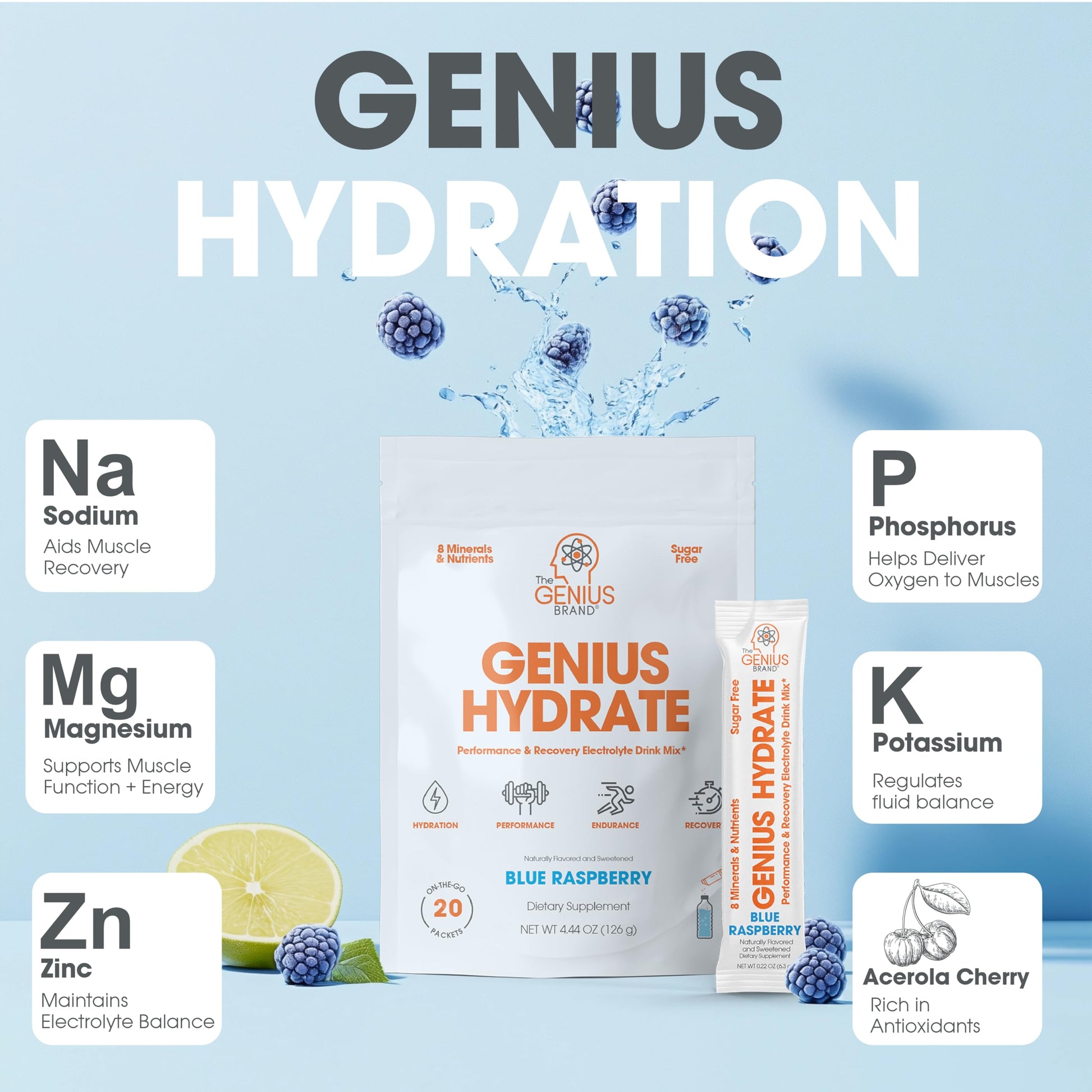 The Genius Brand - Genius Hydrate Stick Pack Powder Drink Mix – Blue Raspberry Flavor, Natural Electrolyte Booster with Coconut Water & Potassium for Ultimate Hydration - 20 Packets The Genius Brand uk supplements