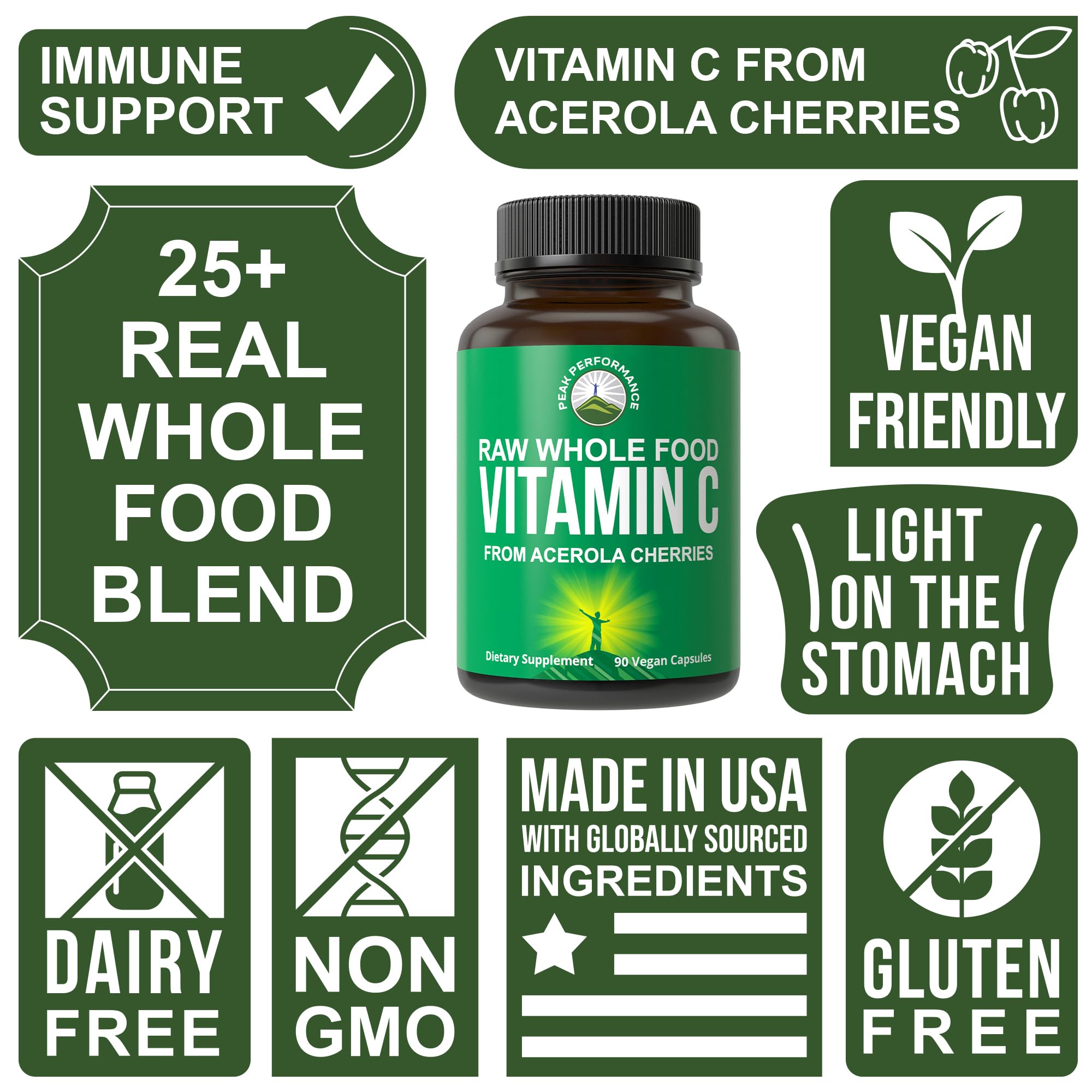 Peak Performance Raw Whole Food Natural Vitamin C Capsules from Acerola Cherry for Max Absorption. Vegan USA Sourced Vitamin C Supplement 90 Pills. 500 mg Serving or 2 Servings 1000mg Peak Performance uk supplements